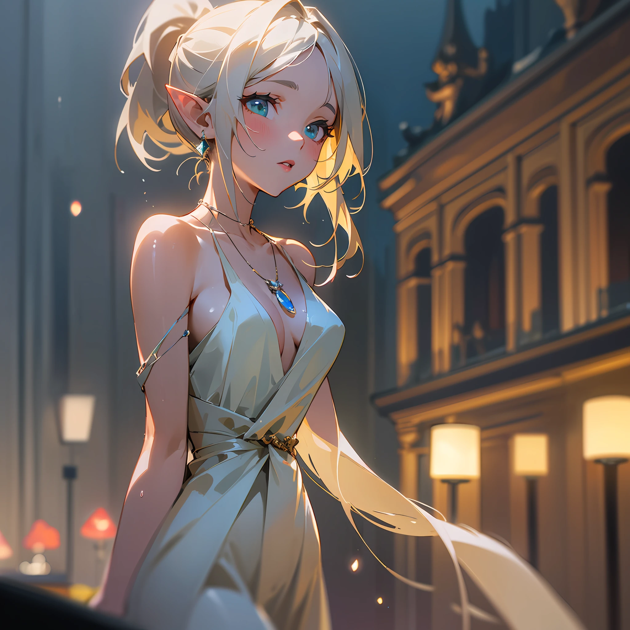 (Standing on a dark street),(Street lamp),(Unobtrusive lighting),(Night),Random posture, (Very delicate and beautiful work), (Masterpiece), 1girl, a girl in a white dress, HIGH DETAILS, Waist leak, Distorted ponytail, Charming look, Beautiful clear eyes, Green pupil, Delicate necklace, Delicate earrings, Fairy ears, Simple blurred background , Super detailed description, Beautiful, Charming, Ultra definition painting, Delicate face, Delicate figure, Thin collarbone, Beautiful lips, Beautiful tits, Soft back figure, mix4,(8k, RAW photography, best quality, Masterpiece: 1.2), (photoreal, realistic: 1.37),1 girl,cute,cityscape, night, rain,wet, professional lighting, photon mapping, radiosity, Physically based rendering, --auto --s2