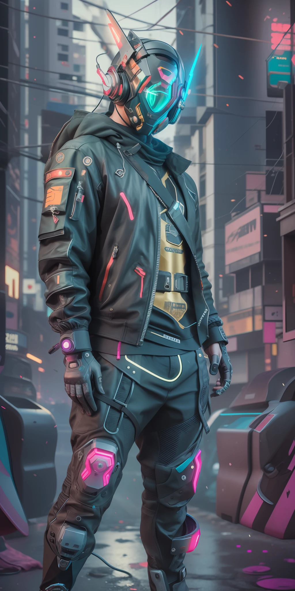 (masterpiece, full-body shot, intrincate raw photography)cyberpunk citizen in oversize techwear, using a black  astro daftpunk style helmet, neon light details, intrincate, futuristic, sharpness, ramdom pose, cyberpunk city, street neon lights, insta pic, photo of the year, close up, octane render, substance, maya 3d, cinema4d, artstation trending, devian art trend,