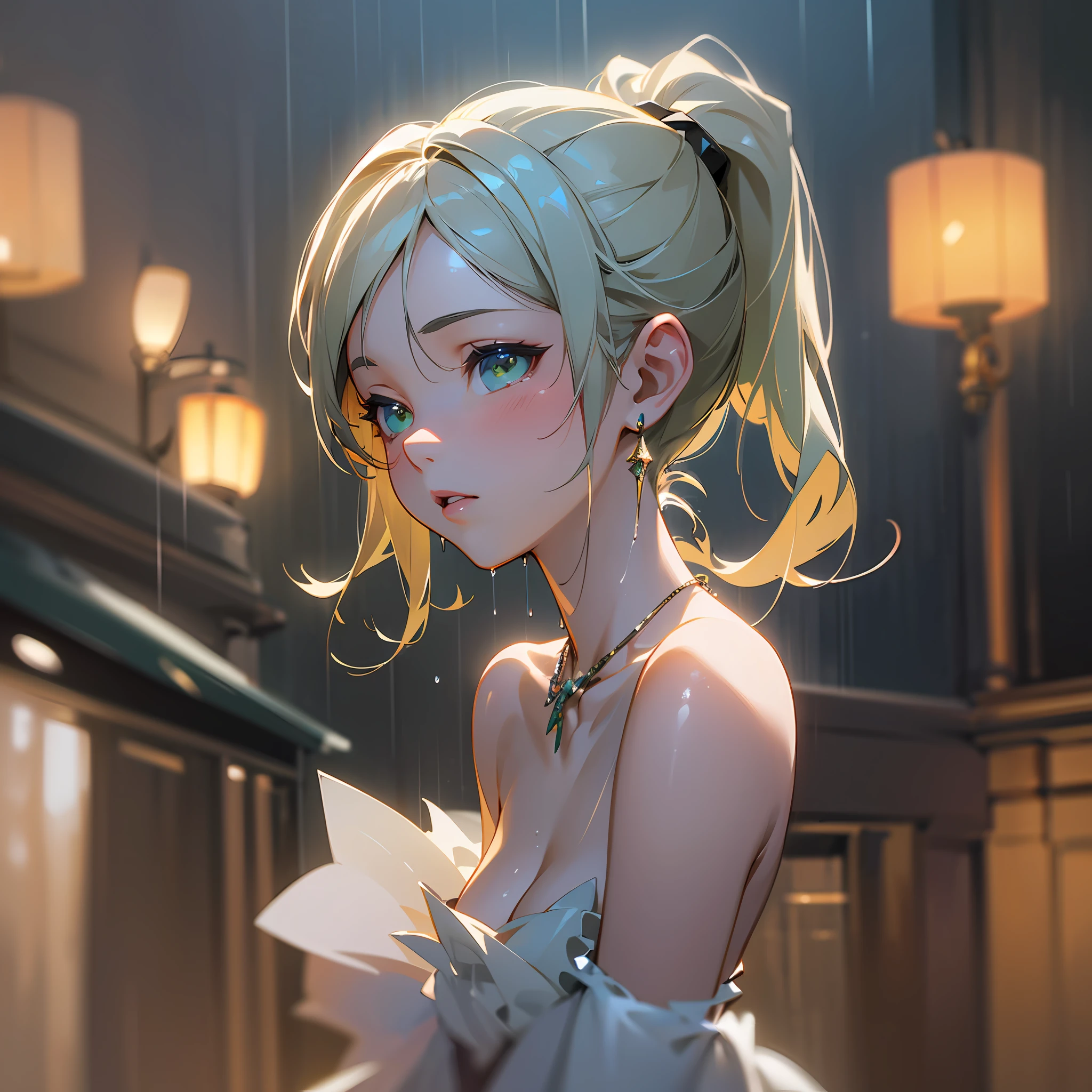 (Standing on a dark street),(Street lamp),(Unobtrusive lighting),(Night),Random posture, (Very delicate and beautiful work), (Masterpiece), 1girl, a girl in a white dress, HIGH DETAILS, Waist leak, Distorted ponytail, Charming look, Beautiful clear eyes, Green pupil, Delicate necklace, Delicate earrings, Fairy ears, Simple blurred background , Super detailed description, Beautiful, Charming, Ultra definition painting, Delicate face, Delicate figure, Thin collarbone, Beautiful lips, Beautiful tits, Soft back figure, mix4,(8k, RAW photography, best quality, Masterpiece: 1.2), (photoreal, realistic: 1.37),1 girl,cute,cityscape, night, rain,wet, professional lighting, photon mapping, radiosity, Physically based rendering, --auto --s2