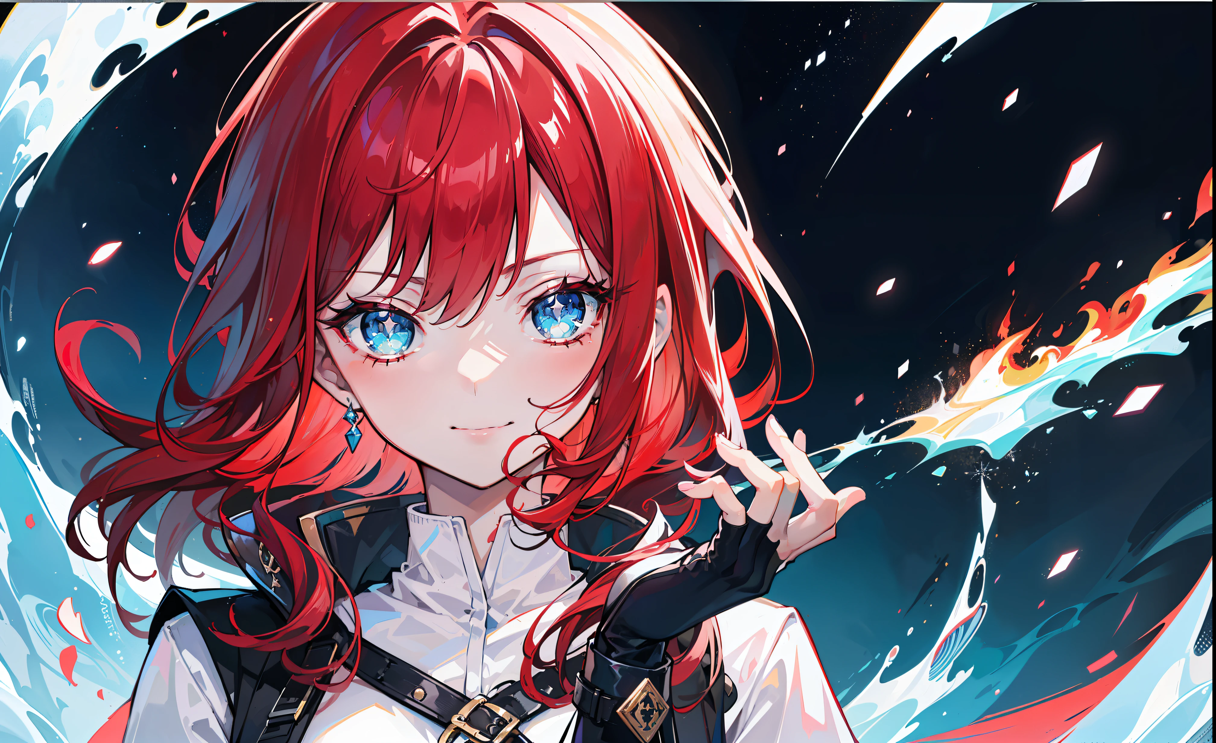 Aggressive face, (girl), ((red hair)), ((portrait)), (shaved temple), (long hair)), (fingerless gloves) ((white shirt)), (red cloak on hips), ((soldier)), ((evil smile)) ((roses on clothes)), ((fire magic in hand))), (belligerence)), (small breasts), ((1 person)), ((one girl)) ((portrait)), ((icy blue eyes)), ((burgundy hair)), ((without sexualization)), ((solo)), ((Closed clothes))), Pastel, bright colors, rainbow light, iridescent glow, Beautiful background, whirlwinds of rainbow magic in the background, tarot card but without frame, glitter, stars, magic in hand, dynamics