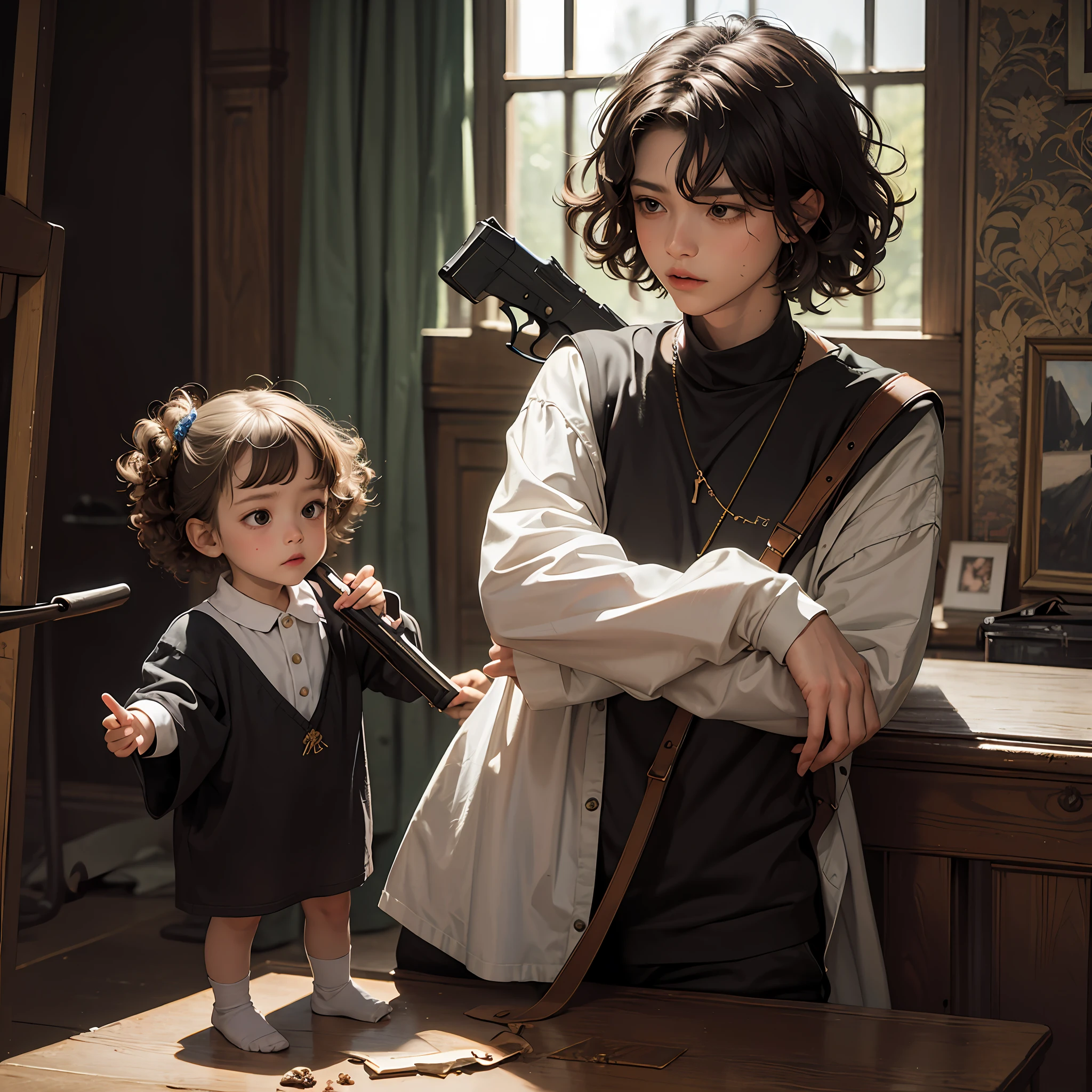 8k, masterpiece, high quality, man, child, curly hair and black eyes, oil painting, Q version, children's clothes, holding gun, sad --auto