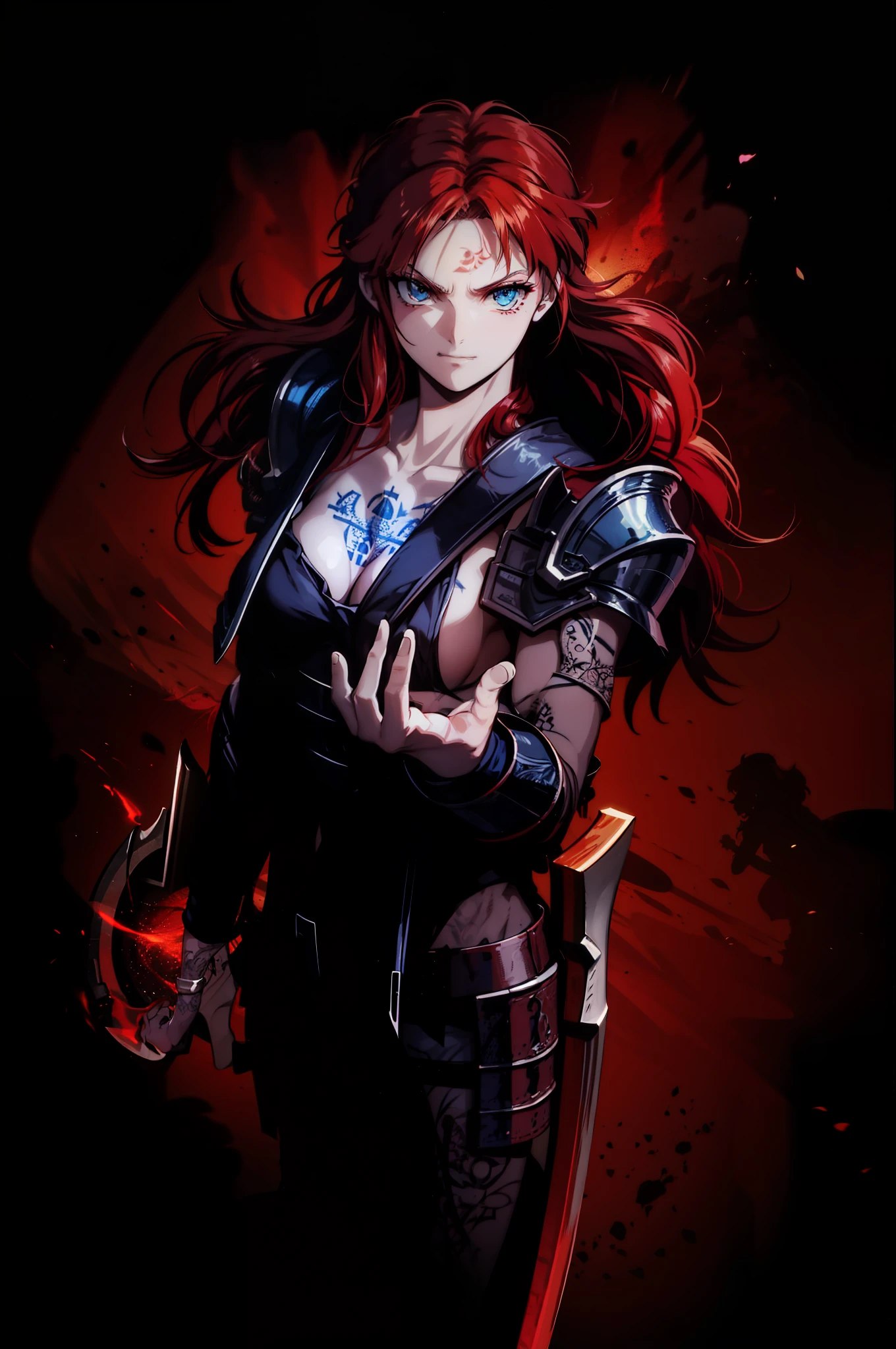 Boadicea, red-haired Viking warrior with Nordic armor and rune tattoos on her body and blooming blue eyes holding an axe, 4k