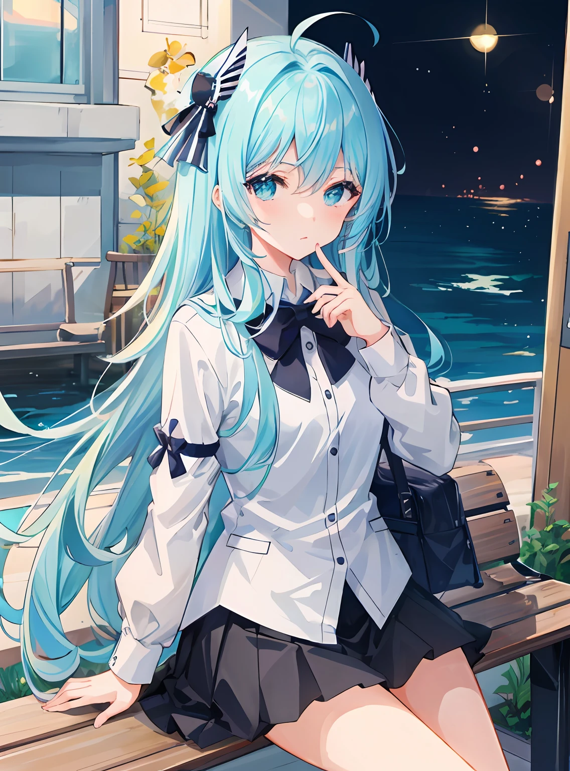 a close up of a person sitting on a bench with a bag, anime visual of a cute girl, anime moe artstyle, anime girl with teal hair, high quality anime artstyle, anime girl with long hair, anime style 4 k, mikudayo, beautiful anime girl, young anime girl, beautiful anime art style, an anime girl