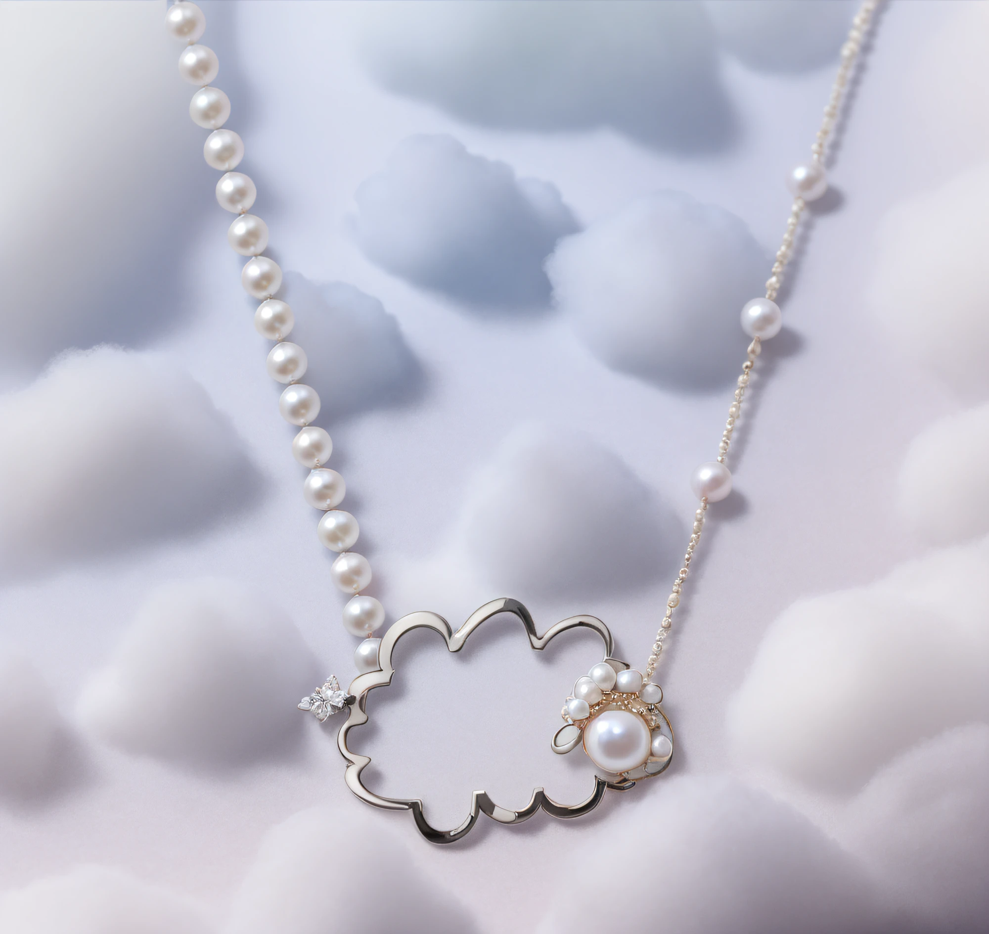 There is a sheep shaped pearl necklace, lying in a white cloud wonderland, pearl necklace, pearl sky, jewelry pearl, van clonef & arpels style, cloudy day, van cleef & arpels, cloudy weather, symmetrical japanese pearl, white cloud, Chaumet style, cloudy, partly cloudy, Chaumet, gold and pearl necklace