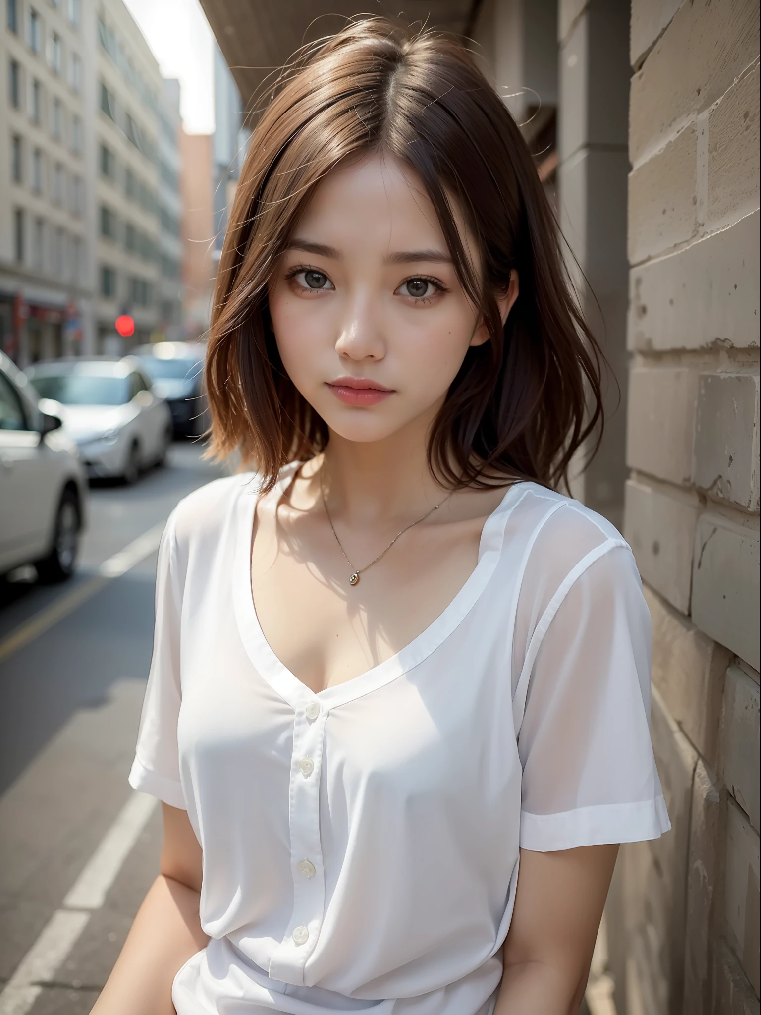 ((top quality, 8k, masterpiece: 1.3, raw photo)), Sharp Focus: 1.2, (1 aespa Girl: 1.2), (Realistic, Photorealistic: 1.37), (Face Focus: 1.1), Cute face, tenderness, small breasts, flat chest, short messy hair, spread legs, sitting, city, white summer casual shirt, sunlight, cinematic lighting
