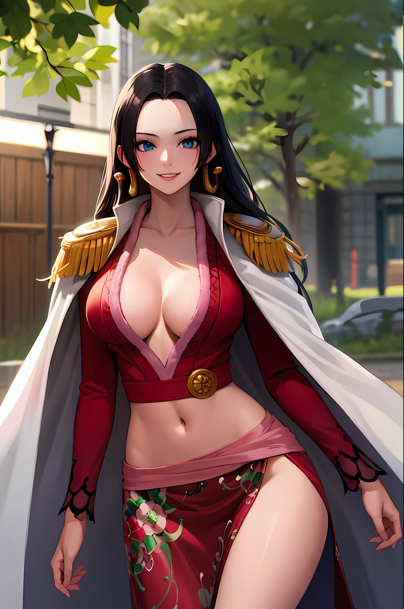 masterpiece, best quality, highres, hancock1, 1girl, boa hancock, large breasts, long hair, epaulettes, cape, crop top, side slit, cowboy shot, stading, outdoors, smile,