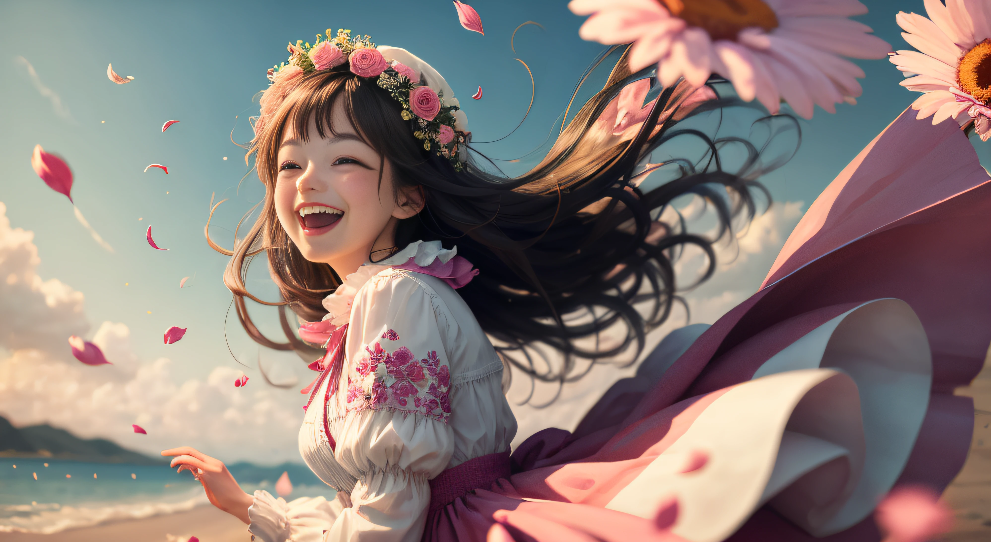 The girl laughs happily, the petals fly, the breeze, and the big eyes are good-looking
