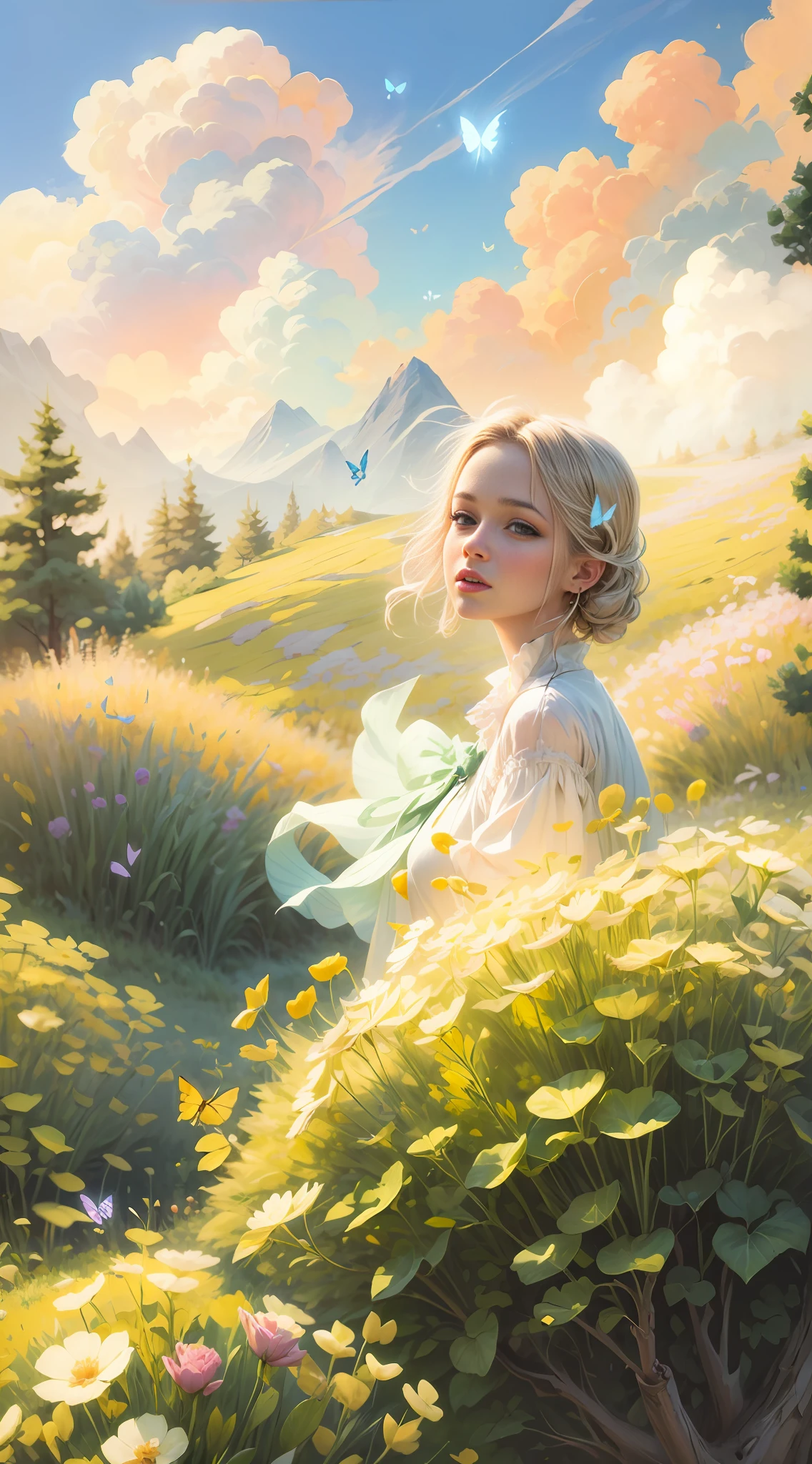 Lustration of a woman in a field of flowers A blue sky of clouds, beautiful illustration, beautiful painting, beautiful UHD 4K art, beautiful art, a beautiful art illustration, art in the style of Guweiz, beautiful painting, Atey Ghailan 8K, Artgerm and Atey Ghailan, girl in a field of flowers, (butterflies). (best quality, masterpiece), 1girl, pose, particle, wind, flower, upper body, sky background, looking at the viewer. --auto