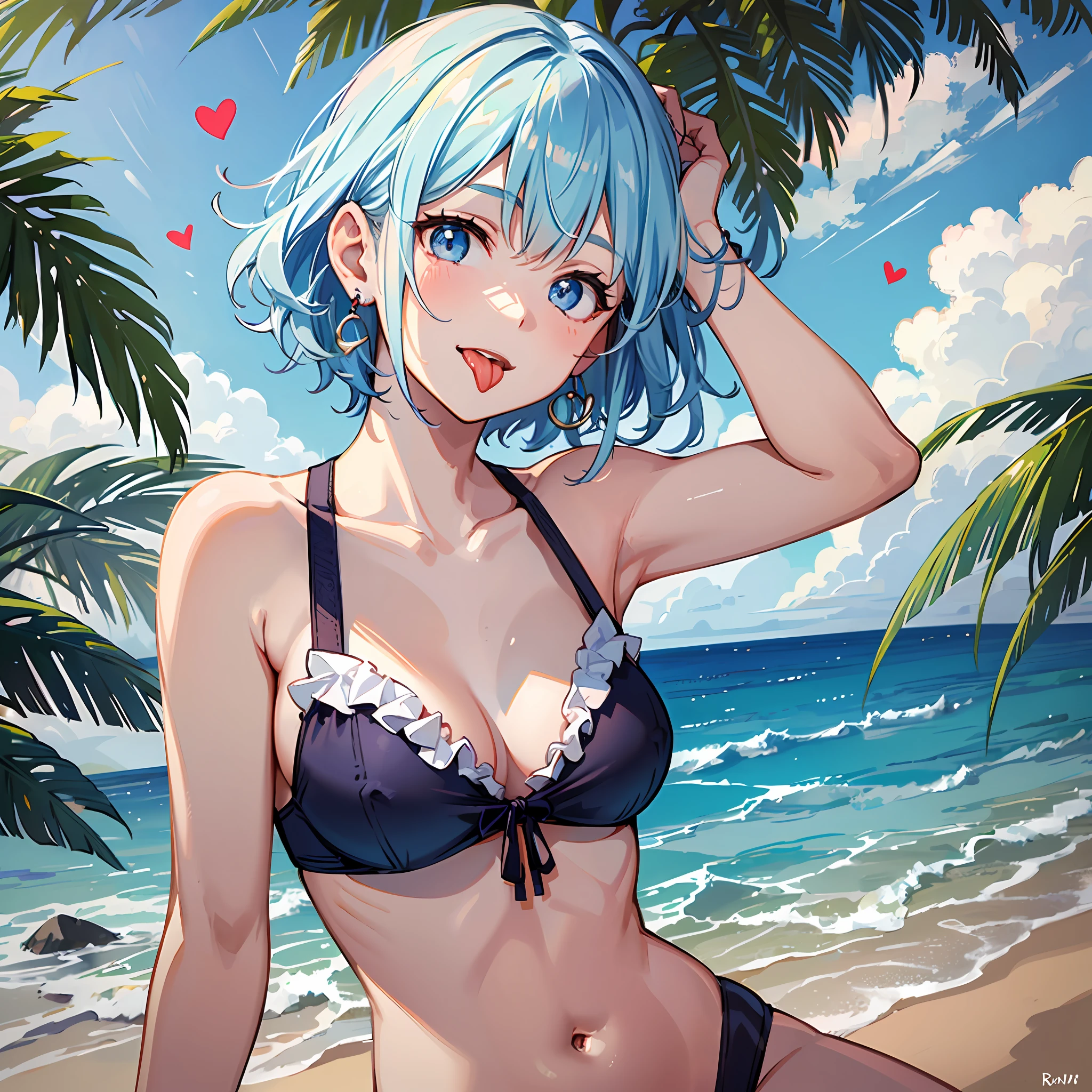 (((Masterpiece)))), (Best Quality))), Hi-Res, Low Angle, On Thighs, Standing, Sitting, (Cute One Girl))), Solo, White Skin, Small, Eight-headed Body, (Light Blue Hair), ((Short Hair)), (Straight Bangs)), Beautiful Hair, Blue Eyes, Beautiful Eyes in Detail, (((Tongue)), Red Face, Smile, Heart, Swimsuit, Ruffles, Earrings, Outdoor, Sea, Shadow Lighting、