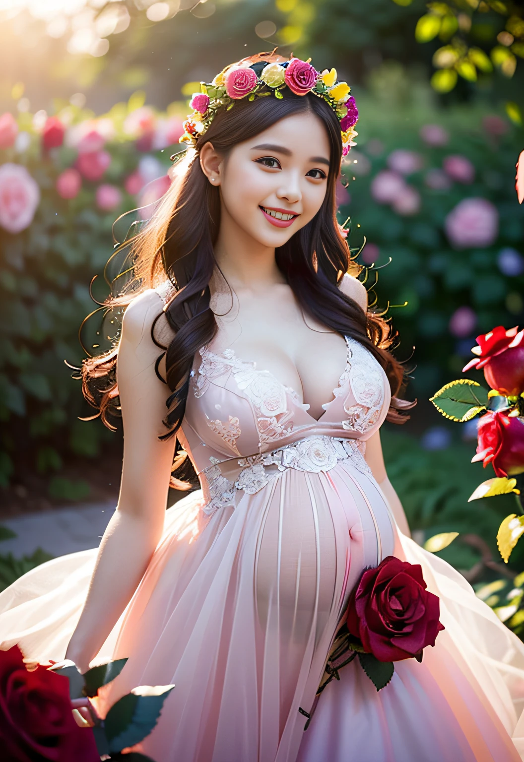 ((((((depth of field))),(((Sunset backlit),((Slim body)))),20 years old, twilight rays, lace wedding dress, flower crown, (((Rose tunnel))), rose front blur, bokeh, photorealistic, surrounded by colorful roses, ((smiling)))))), (mouth closed)))),(1 mature woman), ( Sunset:1.3), (8k, RAW photo, best quality, masterpiece:1.2), (realistic, photorealistic:1.37), best quality, ultra high definition,(standing in a flower garden:1.3), (vivid and colorful:1.3), pregnant woman, big cleavage, chubby figure, 26 years old, see-through,