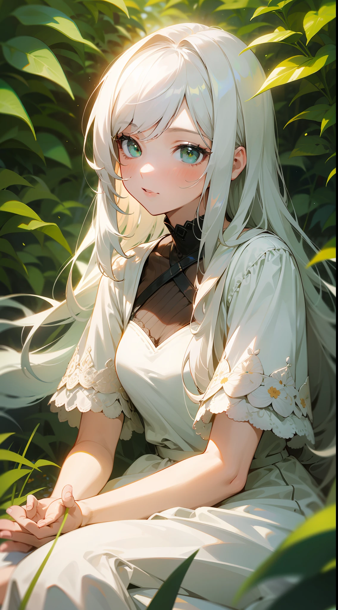 (masterpiece, best quality),1girl with long white hair sitting in a field of green plants and flowers, her hand under her chin, warm lighting, white dress, blurry foreground