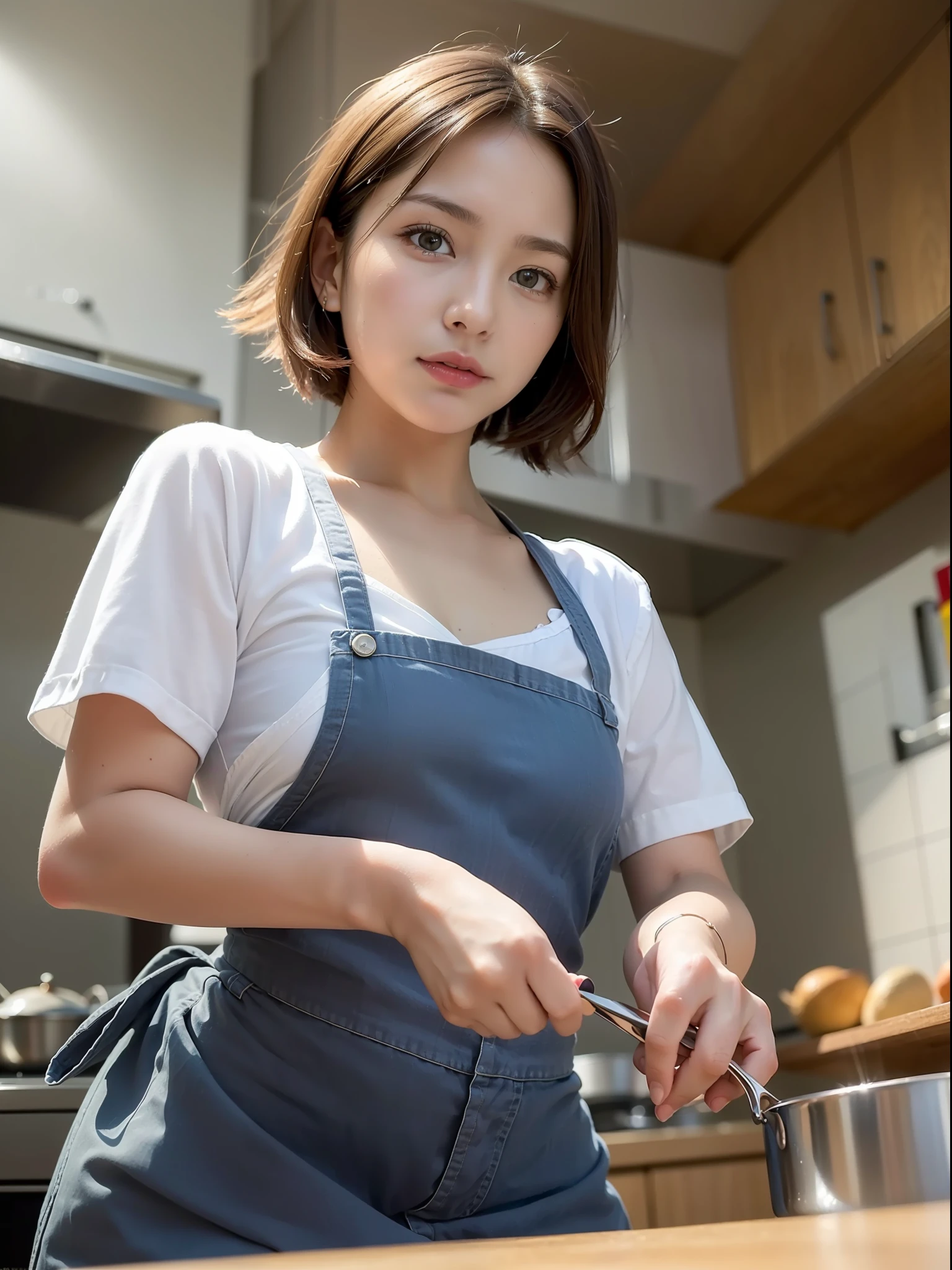 ((Best quality, 8k, Masterpiece: 1.3, raw photo)), Sharp focus: 1.2, (1 AESPA girl: 1.1), (realistic, photo-realistic:1.37), face focus, cute face, small breasts, flat chest, brunette short hair, cooking in a kitchen, apron, panties, sunlight, cinematic lighting, from below