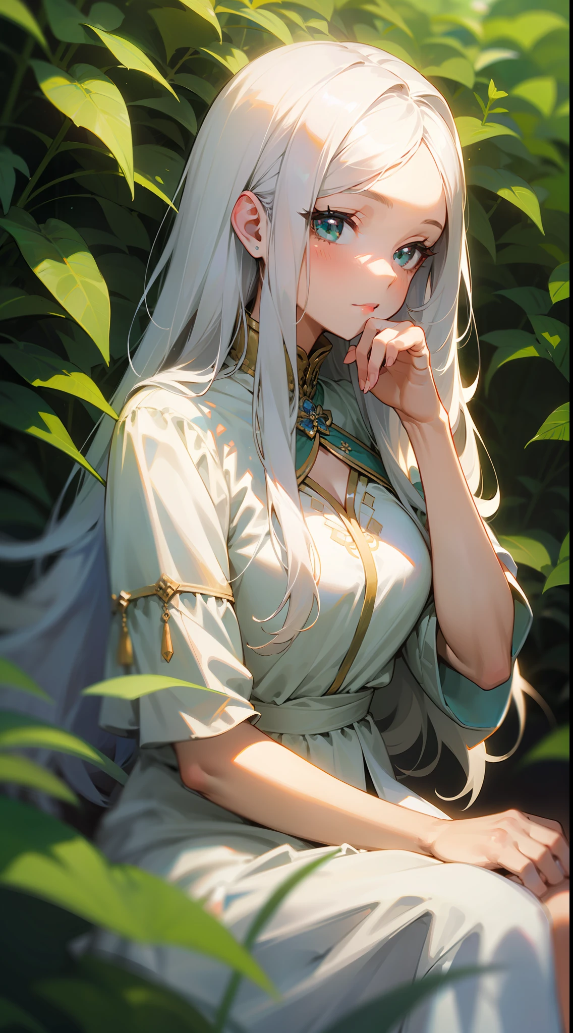 (masterpiece, best quality),1girl with long white hair sitting in a field of green plants and flowers, her hand under her chin, warm lighting, white dress, blurry foreground