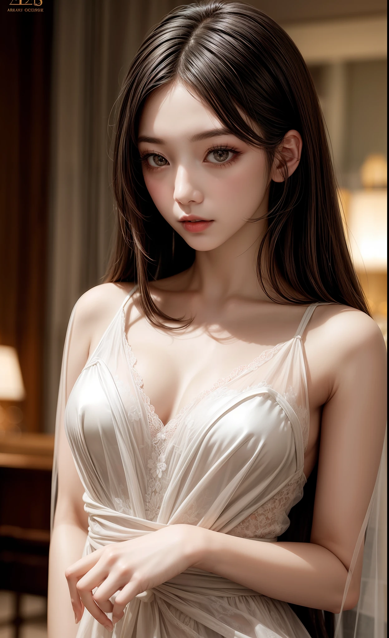 Korean women, goddess, perfect figure, long hair, delicate skin texture and fabric texture, detailed eye texture, long eyelashes, double eyelids, upper body, hotel, 8k, highest image quality, masterpiece, super high resolution: 1.2, beautiful female photo with theme of girly elegant style, Arad woman posing for photo in light dress, soft organza dress, flowing dress, wearing elegant dress, wide waist, lace fabric, lace bra, lace panties, light dress, elegant dress, Flowing, chiffon, voile dresses, dresses, dresses