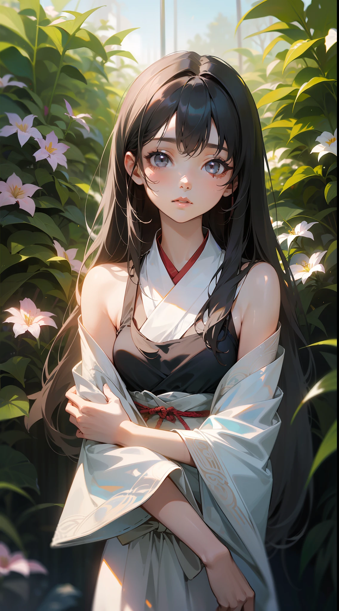 ( girl: 1.5), lace, ribbon, Hanfu, (masterpiece, side light, delicate and beautiful gray eyes: 1.2), masterpiece, realistic, glowing eyes, shiny hair, black hair, long hair, shiny skin, solo, awkward, tube top, delicate, beautiful, garden, flowers, fluttering petals,