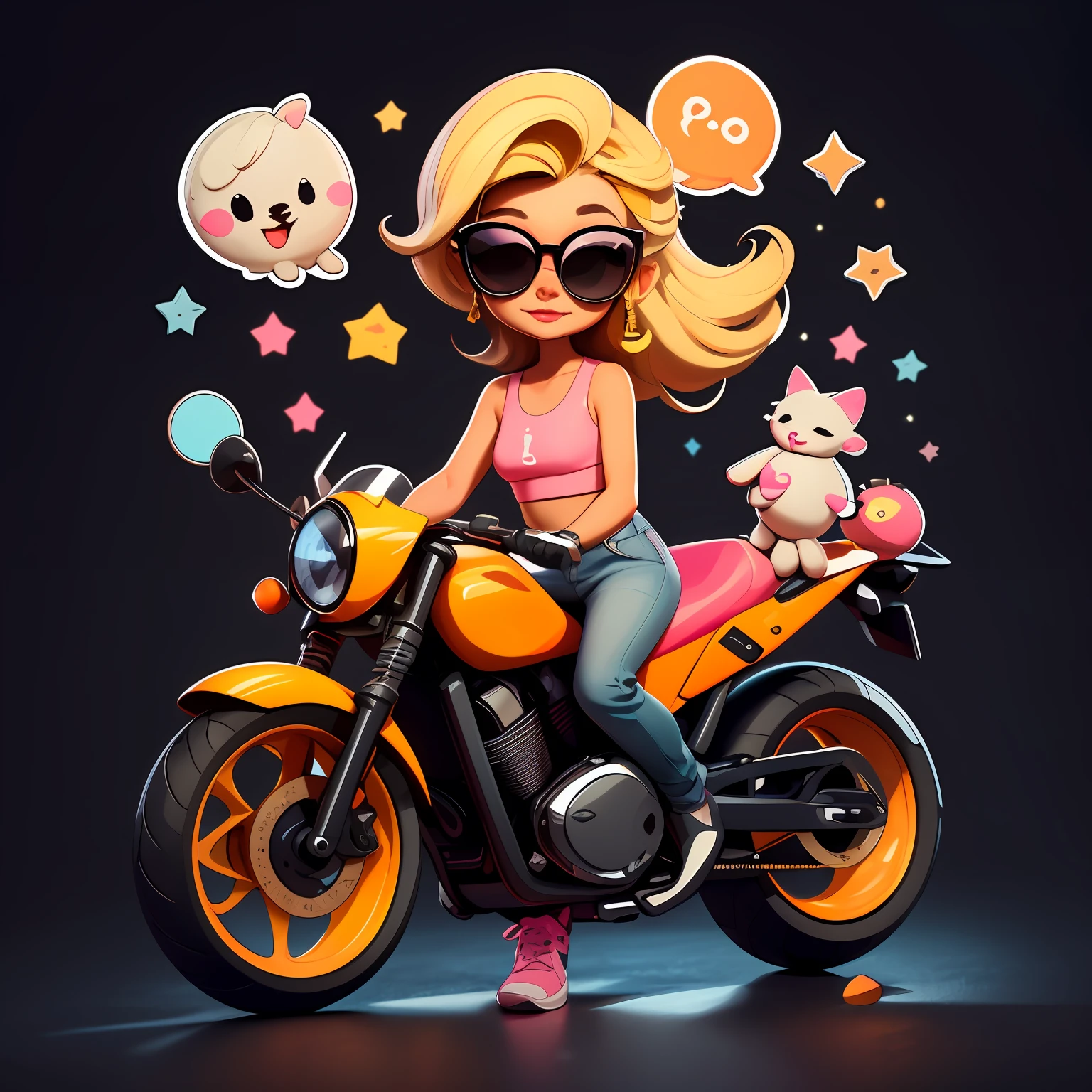 1 sticker, handbook, (sticker, a stylish girl, model, pink top, blonde, sunglasses, motorcycle cool trend), black background, simple background, minimal, cute, tiny, pastel color, vector style, no gradient,