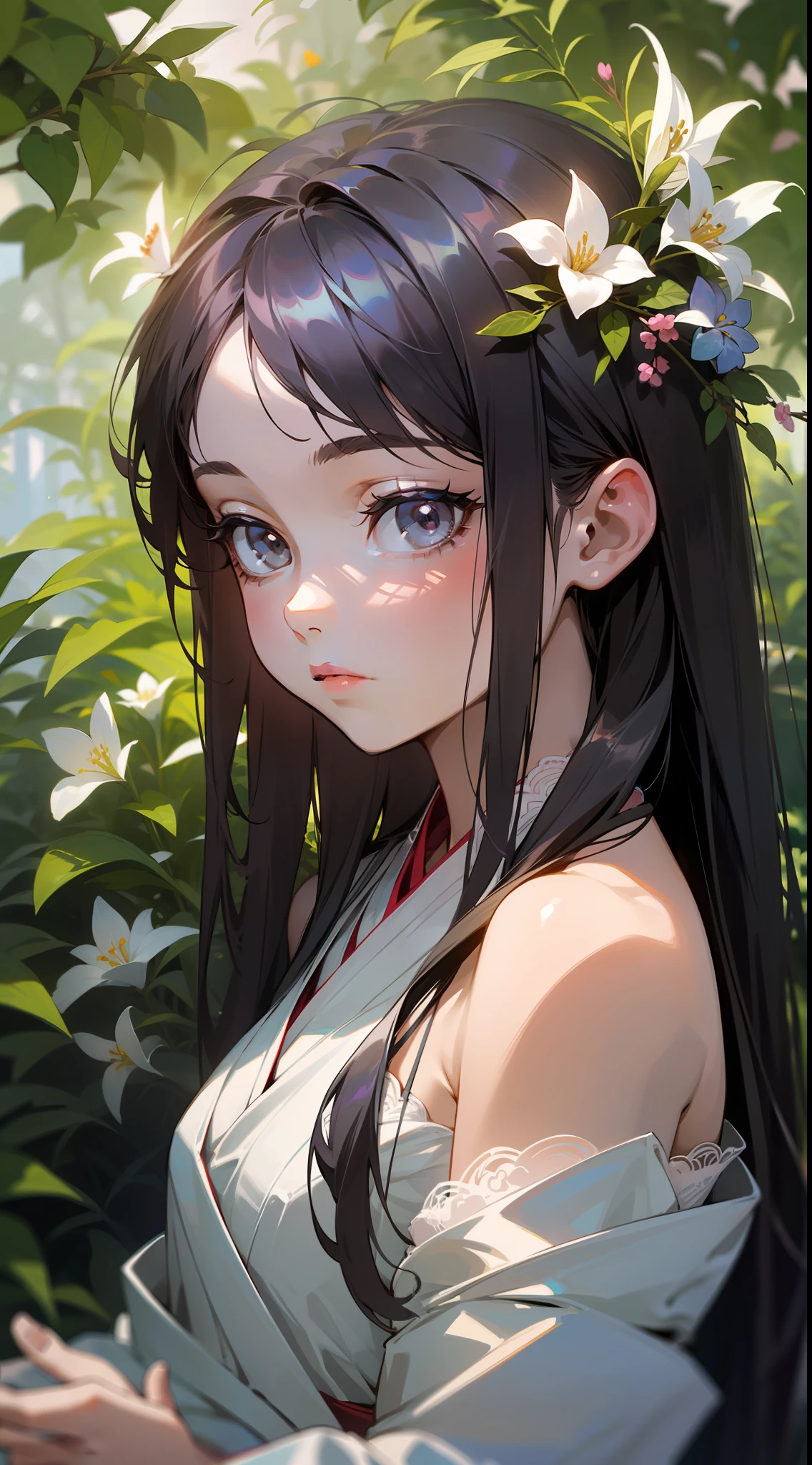 (little girl: 1.5), lace, ribbon, Hanfu, (masterpiece, side light, delicate and beautiful gray eyes: 1.2), masterpiece, realistic, glowing eyes, shiny hair, black hair, long hair, shiny skin, solo, awkward, tube top, delicate, beautiful, garden, flowers, fluttering petals,