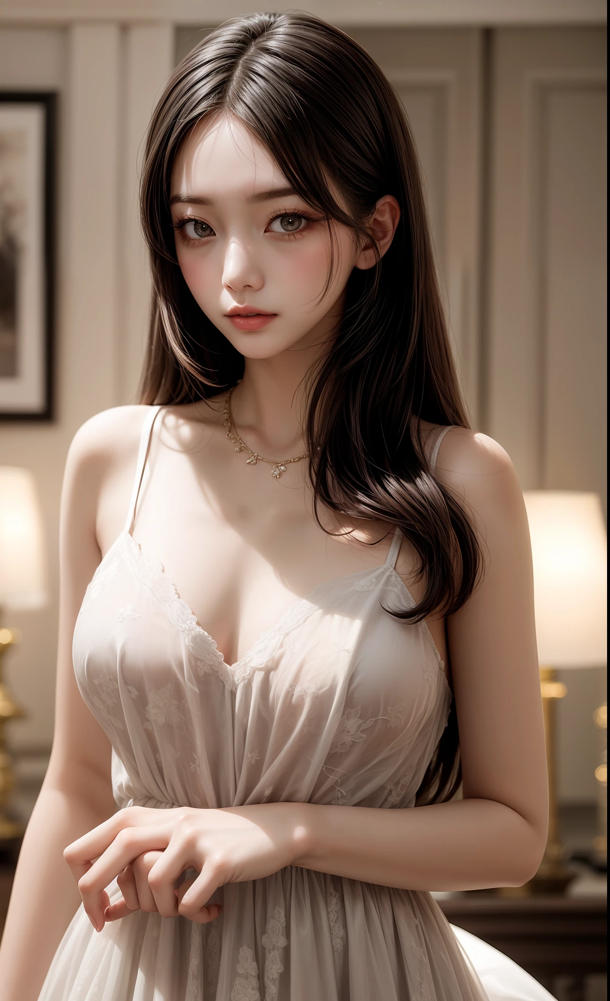 Korean women, goddess, perfect figure, long hair, delicate skin texture and fabric texture, detailed eye texture, long eyelashes, double eyelids, upper body, hotel, 8k, highest image quality, masterpiece, super high resolution: 1.2, beautiful female photo with theme of girly elegant style, Arad woman posing for photo in light dress, soft organza dress, flowing dress, wearing elegant dress, wide waist, lace fabric, lace bra, lace panties, light dress, elegant dress, Flowing, chiffon, voile dresses, dresses, dresses