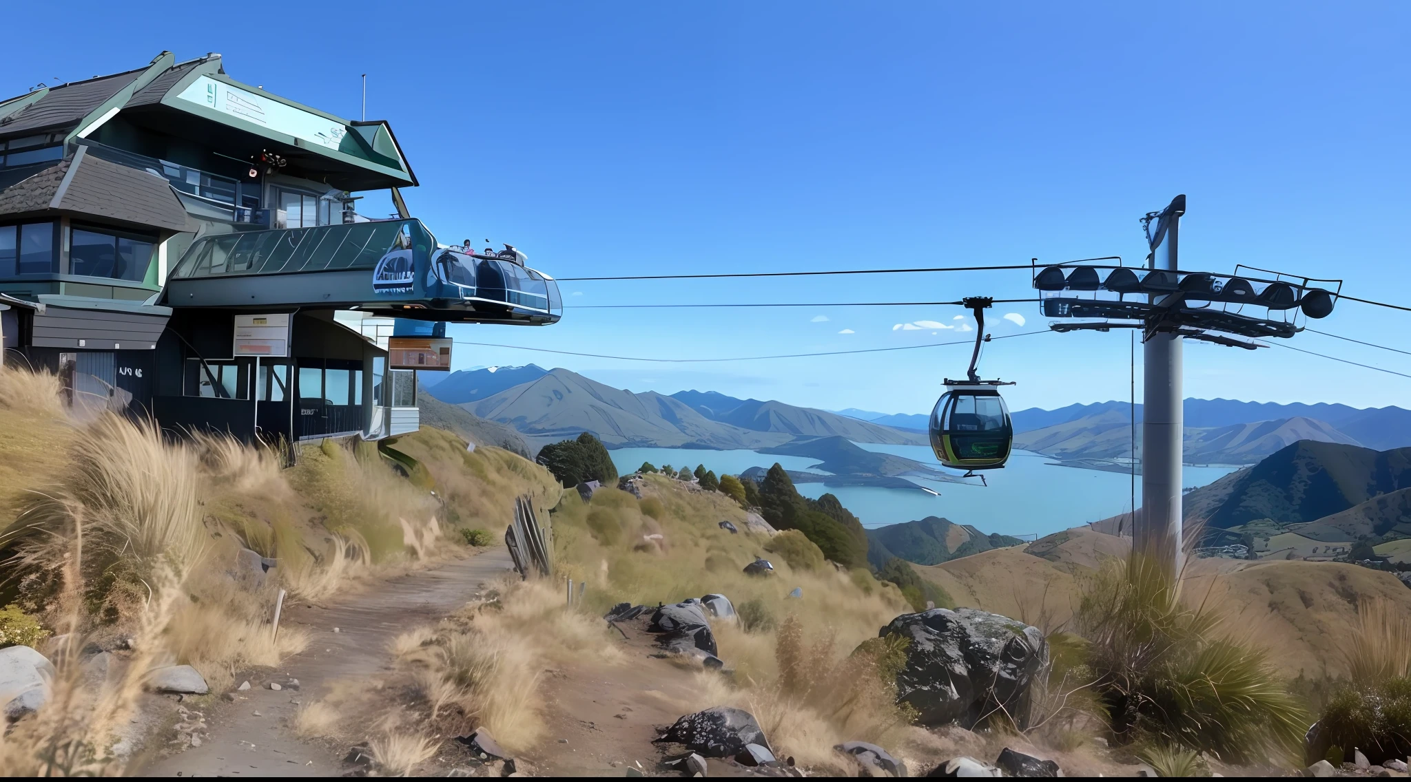 there is a cable car that is going up the hill, gondola, kahikatea, new zealand, observation deck, beautiful views, towering high up over your view, picturesque, green grass, top of the mountain, masterpiece