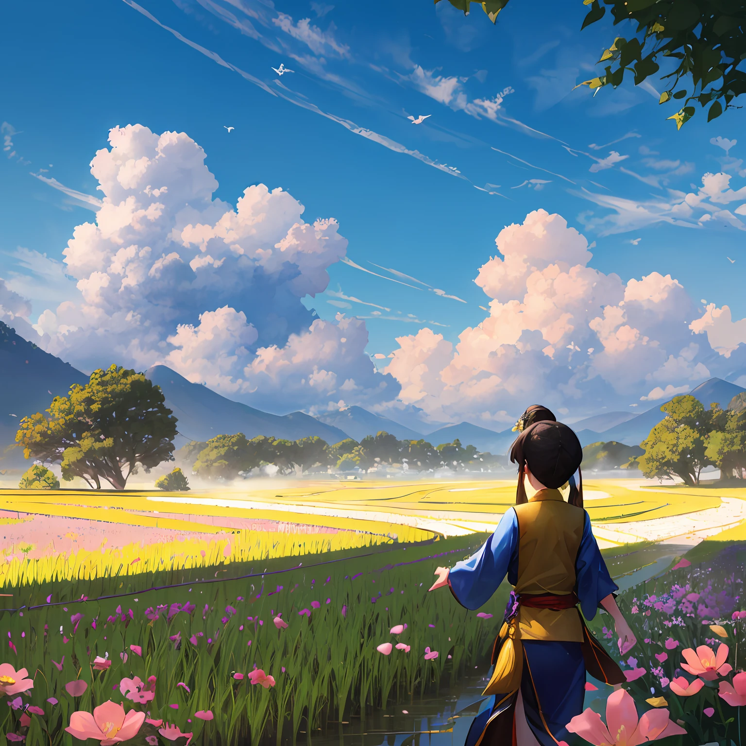 Wang Lele and Lin Yanan running in the rice field, birds singing and flowers, positive perspective, blue sky and white clouds, real, high-definition --auto