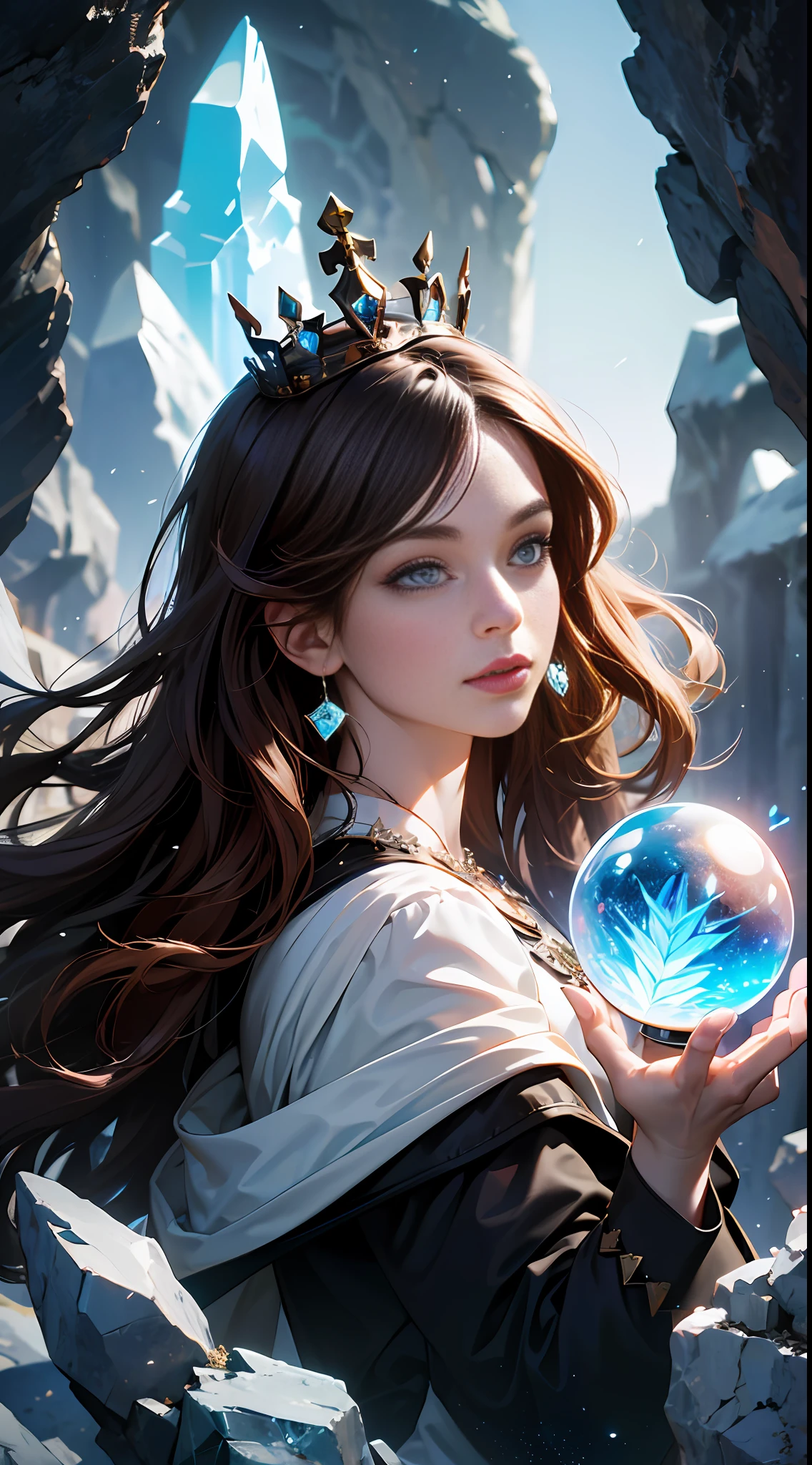 (absurdres, highres, ultra detailed), 1woman, mature female, aged up, wavy long hair, auburn hair, coral eyes, bangs, long sleeves, finely detailed eyes and detailed face, extremely detailed CG unity 8k wallpaper, intricate details, (style-swirlmagic:1.0),  looking at viewer, solo, upper body, detailed background, close up,  detailed face, (gothic dark ages theme:1.1), crystal sorcerer,  dynamic pose, earth themed clothes, crystal crown,  floating in the air, glowing magical shards, surrounded by blue magical crystals,  rock formations, stalactites,  magical floating particles, crystal glass,  crystal sphere, crystal canyon background, (shallow water:0.7),  epic ethereal atmosphere,   updraft,, portrait --auto