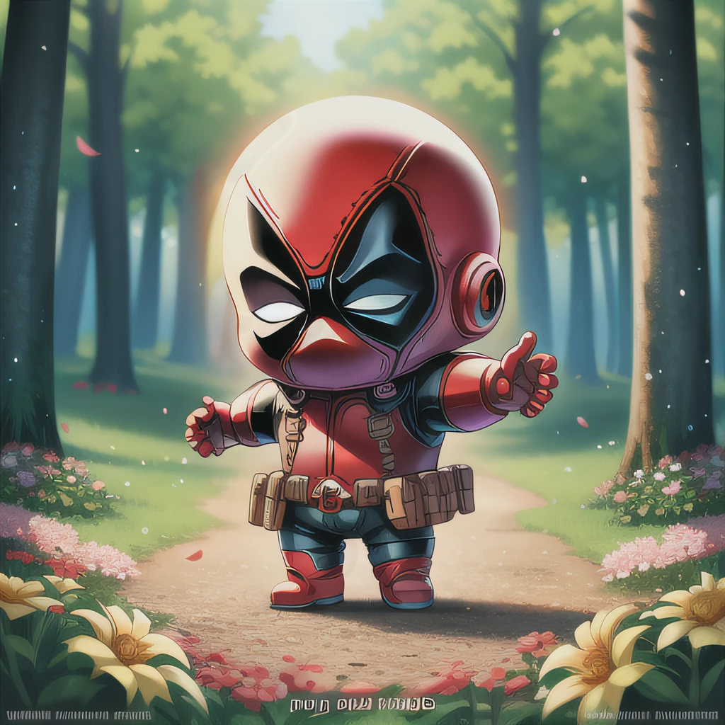 cute deadpool surrounded by flowers in a forest ,  digital art, trending artstation