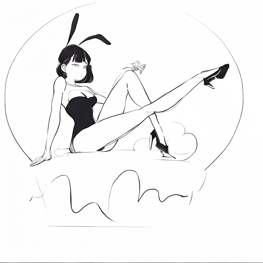 bunnygirl, Line drawing redraw, Add color. hair bobbles, wince, longeyelashes, solid circle eyes, light smile, ear blush, fang, multicolored eyes, light smile, skin detailes, leg details, Arm details, Skin texture, expressionless eyes, light smile, rabbit ears, Romanticism, drop shadow, projected inset, close-up, 8k, super detail, textured skin