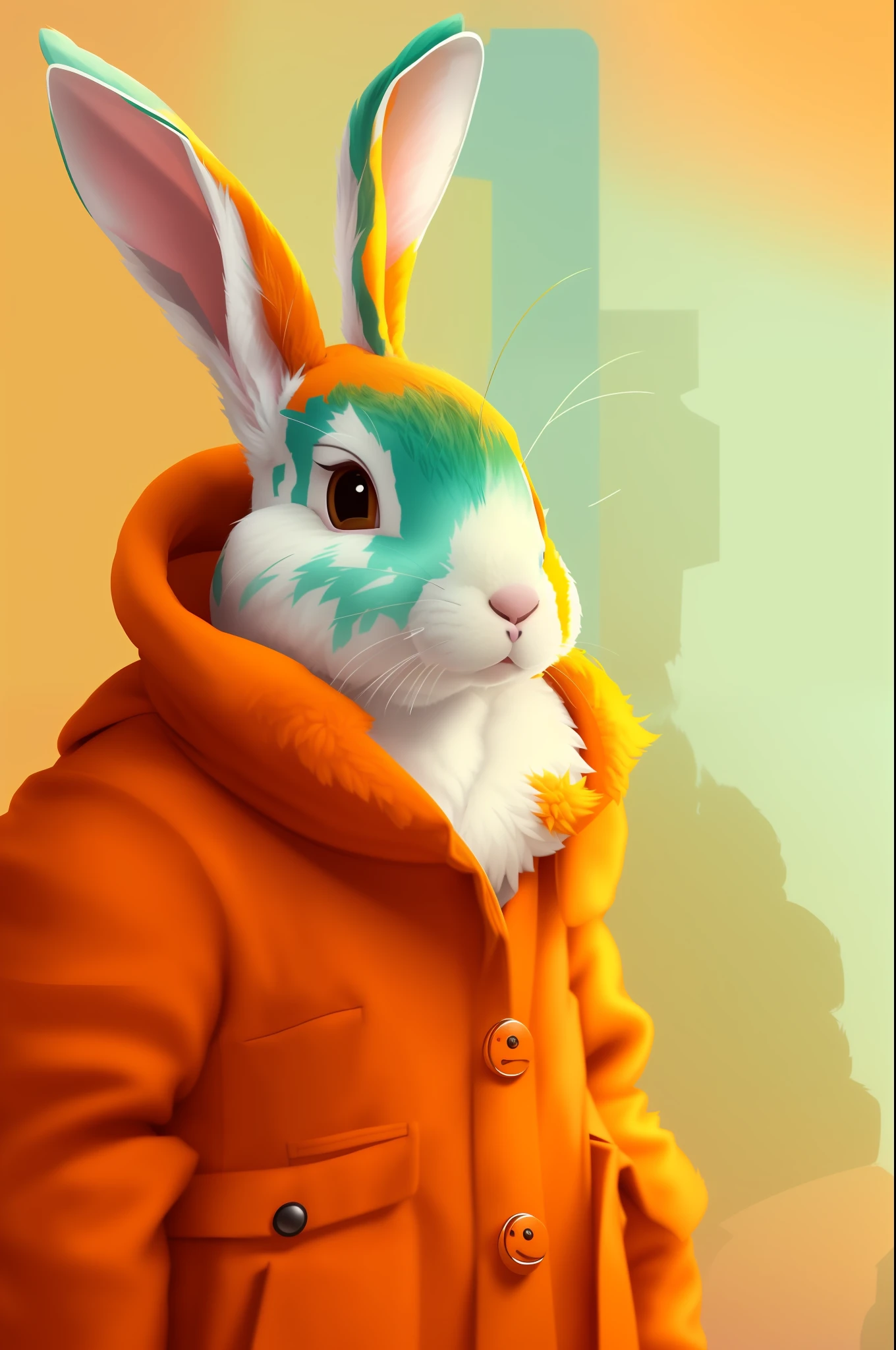 there is a rabbit in a jacket that is standing on a street, anthropomorphic rabbit, rabbit, wearing a bunny suit, bunny suit, portrait of a bugs bunny, cute anthropomorphic bunny, rabbt_character, orange fur, fluffy orange skin, rabbit_bunny, orange jacket, hyper realistic fur, bunny, bad bunny, zootopia style