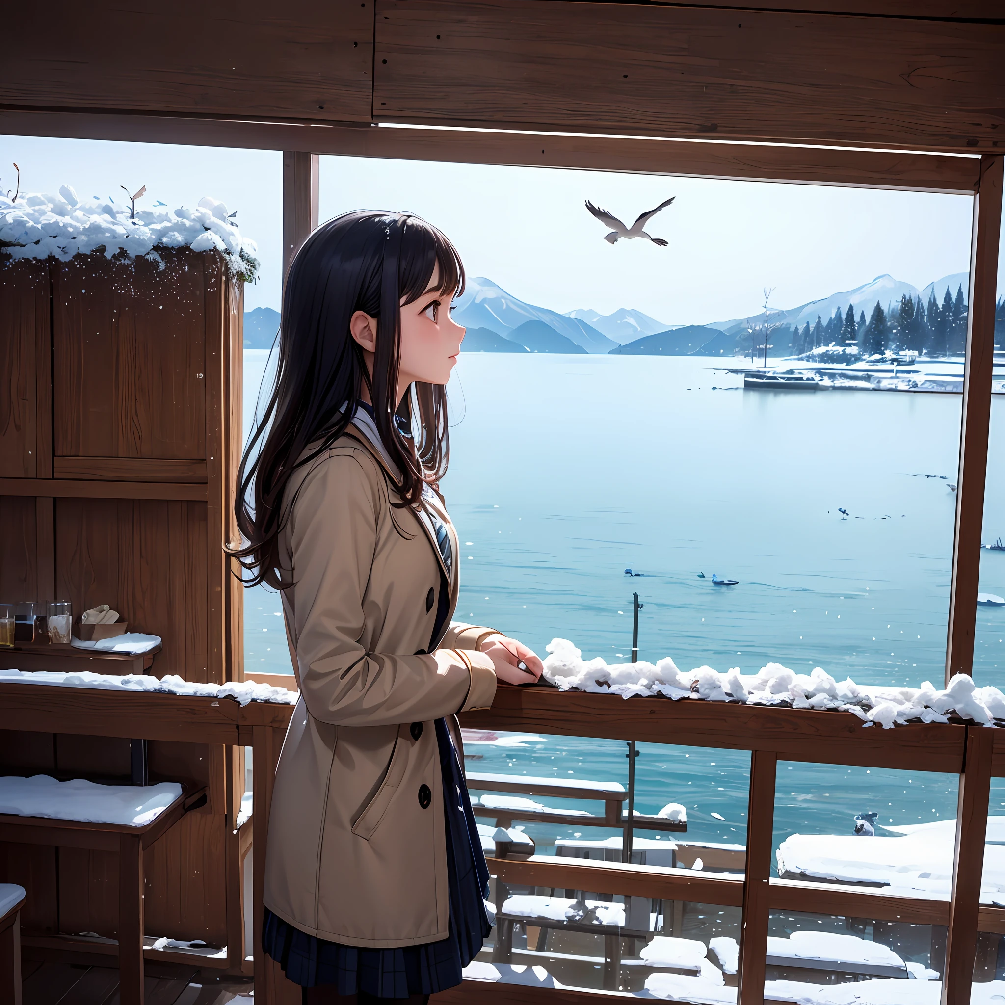 best quality, detailed background, girl,sea, cafeteria, bird, snow, winter, --auto