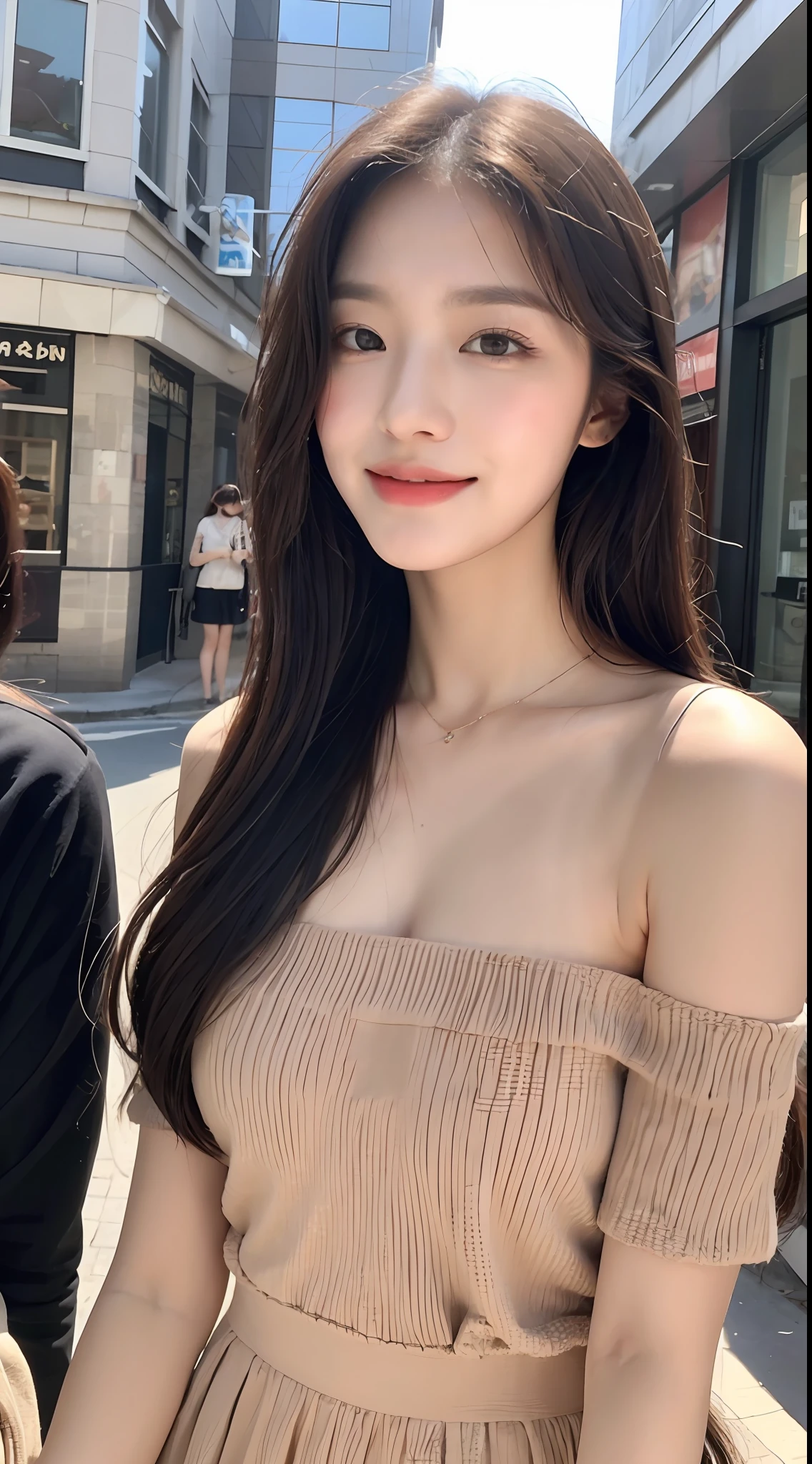 (1 Korean star with royal sister style), ((best quality, 8k, masterpiece: 1.3)), focus: 1.2, perfect body beauty: 1.4 , (smile), (dark street: 1.3), highly detailed face and skin texture, delicate eyes, double eyelids, whitened skin, (big wave hairstyle: 1.3), (round face: 1.5), (one-shoulder dress: 1.4),