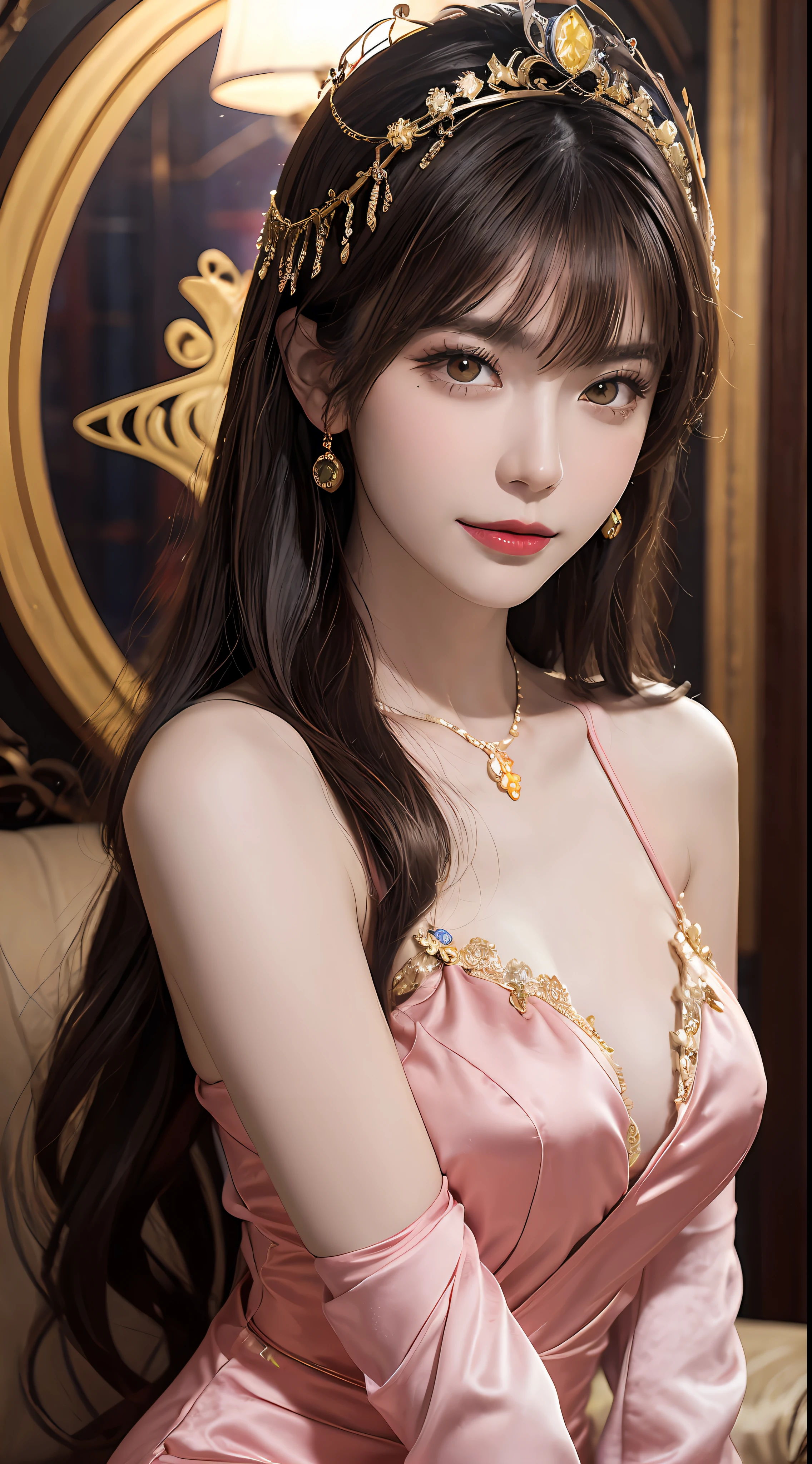 1 27-year-old girl, 1 zodiac goddess from the future, goddess of the pink and purple 12 zodiacs, the goddess of the zodiac in a yellow ao dai, a 12 zodiac ao dai with many black lace detail, mythology Goddess of the 12 zodiacs from the future, zodiac ♏, luxurious glittering zodiac style, dark and mysterious version, zodiac crown, lipstick lips red, thin and beautiful lips, Smile makes viewers fall in love, characters made by karol bak and pino daeni, intricate detail, detailed background, extremely detailed, light magic, a woman, clear face, look at the face of goddess zodialook at the zodiac goddess face, hair long with bangs, beautiful face in detail and well-proportioned eyes, (transparent yellow eyes: 1.8), big round eyes and very beautiful and detailed makeup, foresight, silk dress, mysterious makeup , double bangs and dyed light blonde, uper body, zodiac goddess uper body, arms hanging loosely, Realistic and vivid photo, (stars make up the zodiac: 1.7), (sky background zodiac and fictitious space and time portal: 1.8), fiction art, RAW photo, hanfu picture, best photo, best photo quality, 8k quality, 8k ultra, super realistic, real photo most economical, artistic portrait of goddess zodiac,