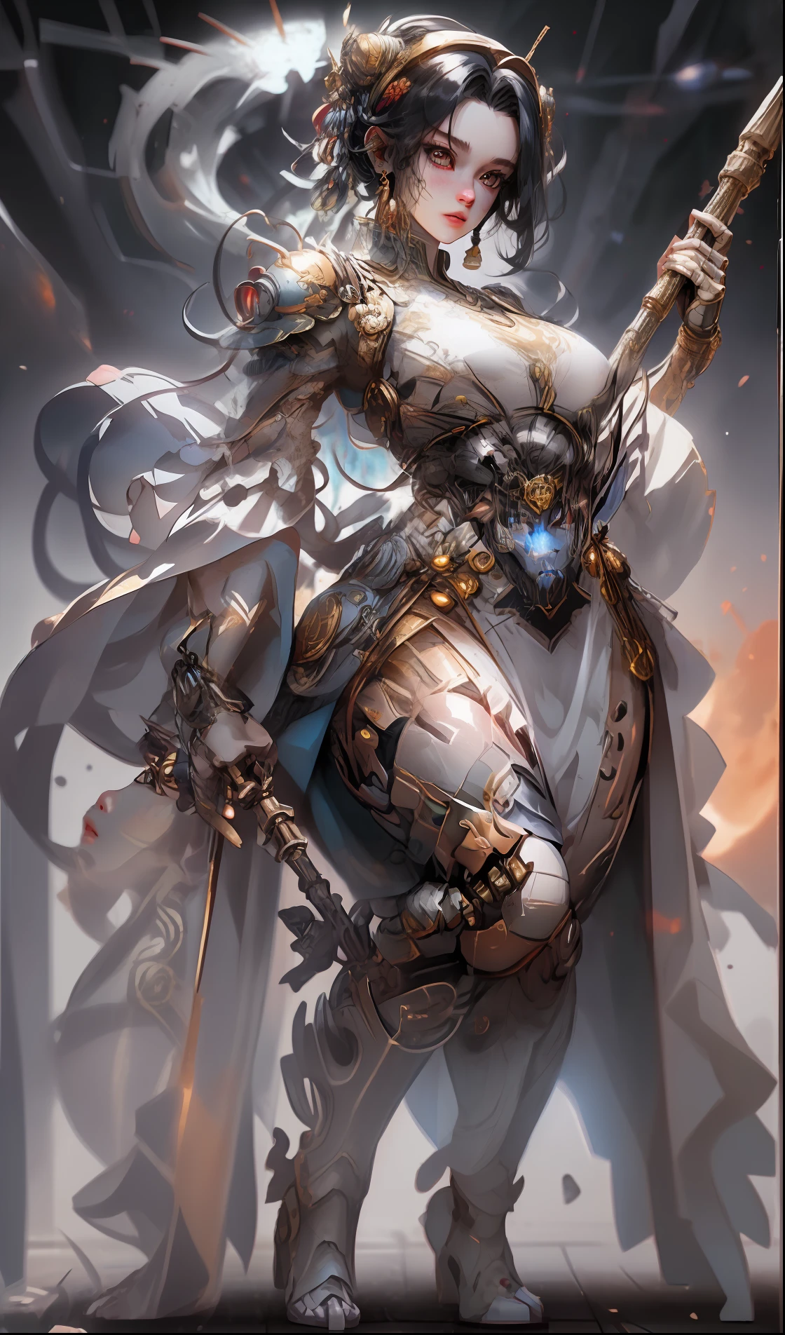 marmoset render, female wukong,, 3d ape shaman profile portrait, sun wukong,Wukong Ruyi Golden Cudgel, golden wukong headband, hyperdetailed fantasy character, highly detailed cgsociety, cgsociety uhd 4k highly detailed, unreal engine character art, small character. unreal engine 5, humanoid monkey fantasy race, cyberhanfu, Huge breasts, armor, full body