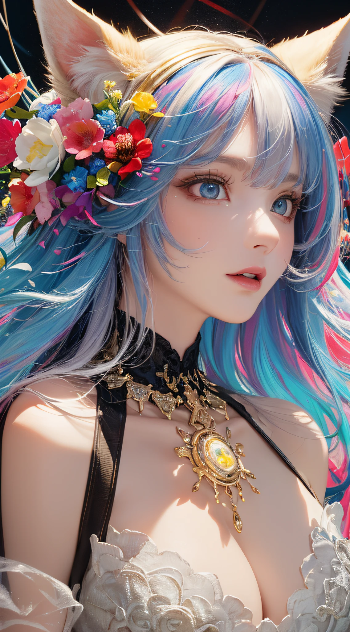 ((((masterpiece))), ((best quality))), ((super detailed)), (illustration), (dynamic angle), ((floating)), (paint), ((loose hair)), (solo), (1girl), (detailed anima face))), ((beautiful detailed face)), ((colored hair)), ((striped hair)), (gradient eyes), (((colored eyes))), (white cloud background))), (((High saturation)))), ((Surrounded by colored paint)))) Ultra-detailed, beautiful and aesthetic, masterpiece, best quality, most beautiful forms chaotic, elegant, Fauvist design, bright colors, romanticism, Mikhal Mraz, Adrian Gheny, Petra Cortwright, atmospheric, ecstatic notes, flow notes visible, nine-tailed fox, cat ears, flowers of death, flowers of ecstasy, flowers on the head