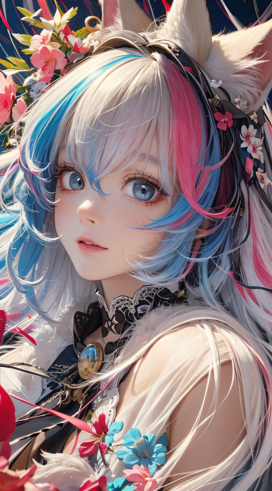 ((((masterpiece))), ((best quality))), ((super detailed)), (illustration), (dynamic angle), ((floating)), (paint), ((loose hair)), (solo), (1girl), (detailed anima face))), ((beautiful detailed face)), ((colored hair)), ((striped hair)), (gradient eyes), (((colored eyes))), (white cloud background))), (((High saturation)))), ((Surrounded by colored paint)))) Ultra-detailed, beautiful and aesthetic, masterpiece, best quality, most beautiful forms chaotic, elegant, Fauvist design, bright colors, romanticism, Mikhal Mraz, Adrian Gheny, Petra Cortwright, atmospheric, ecstatic notes, flow notes visible, nine-tailed fox, cat ears, flowers of death, flowers of ecstasy, flowers on the head