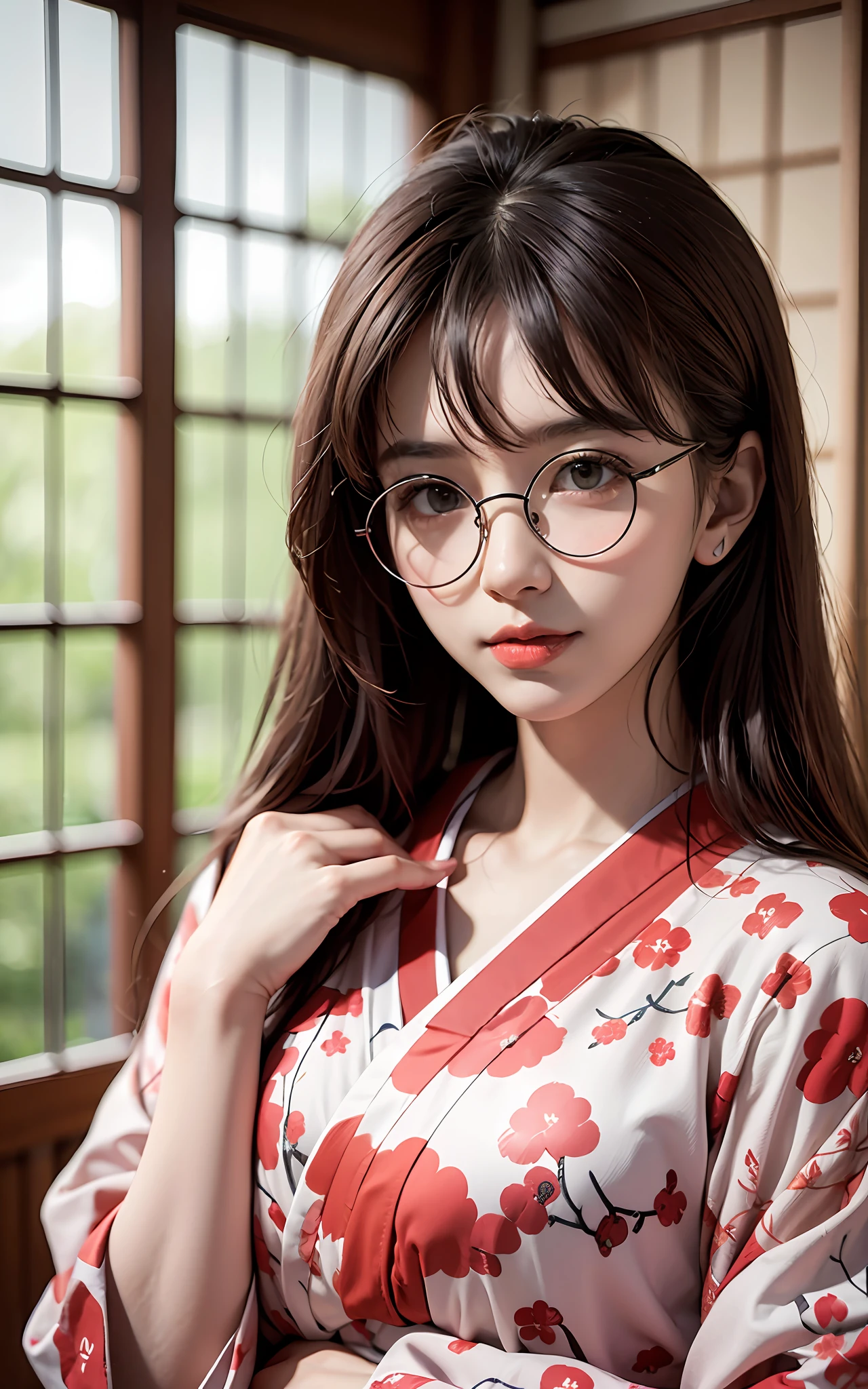 Top Quality, 8K, 4K, High Definition, Details Beautiful round glasses girl, dark hair girl, casual everyday clothes, classic ryokan Japanese-style room, upper body shown,