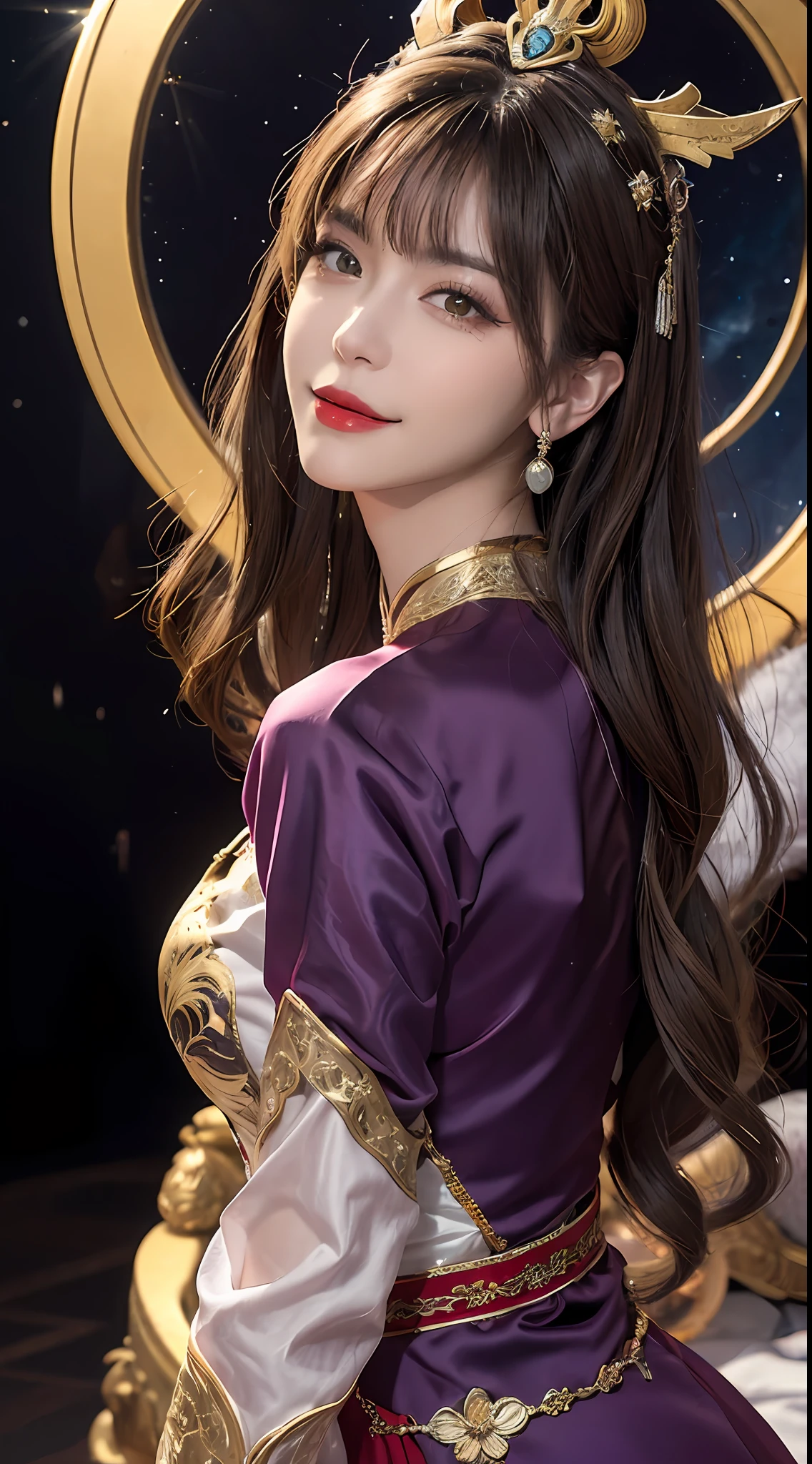 1 27-year-old girl, 1 zodiac goddess from the future, goddess of the pink and purple 12 zodiacs, the goddess of the zodiac in a yellow ao dai, a 12 zodiac ao dai with many black lace detail, mythology Goddess of the 12 zodiacs from the future, zodiac ♏, luxurious glittering zodiac style, dark and mysterious version, zodiac crown, lipstick lips red, thin and beautiful lips, Smile makes viewers fall in love, characters made by karol bak and pino daeni, intricate detail, detailed background, extremely detailed, light magic, a woman, clear face, look at the face of goddess zodialook at the zodiac goddess face, hair long with bangs, beautiful face in detail and well-proportioned eyes, (transparent yellow eyes: 1.8), big round eyes and very beautiful and detailed makeup, foresight, silk dress, mysterious makeup, double bangs and dyed light blonde, uper body, zodiac goddess uper body, arms hanging loosely, Realistic and vivid photo, (stars make up the zodiac: 1.7), (sky background zodiac and fictitious space and time portal: 1.8), fiction art, RAW photo, hanfu picture, best photo, best photo quality, 8k quality, 8k ultra, super realistic, real photo most economical, artistic portrait of goddess zodiac,