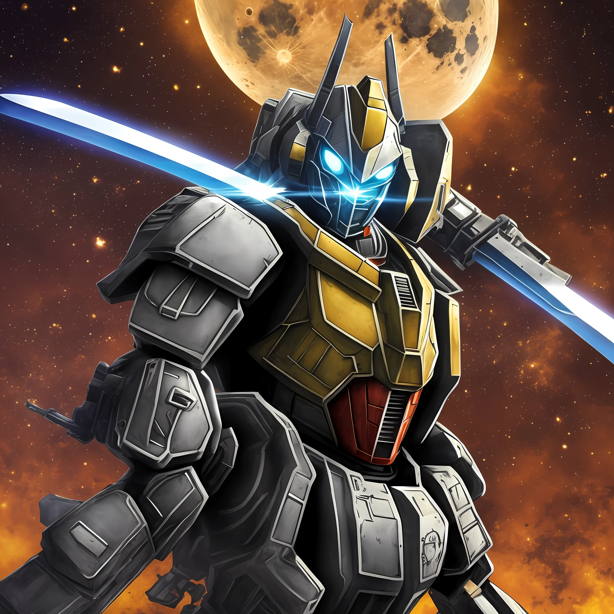 "Mobile suit Gundom in a victorious battle pose, under the shining sun, on Earth, the Moon, Mars, and as a warrior of the Zion faction, wielding a powerful sword, in the year 4794."