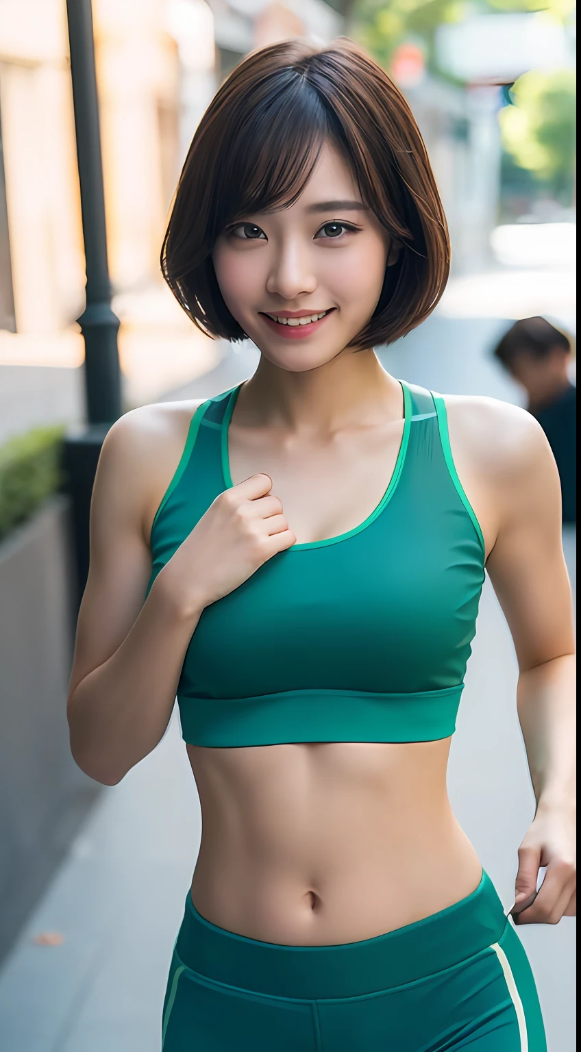 ((Top Quality, 8k, Masterpiece: 1.3)), Sharp Focus: 1.2, Perfect Body Shape Pretty Woman: 1.4, Slender Abs: 1.2, (Layered Haircut, Big: 1.8), (Sports Bra: 2.0), (Jogging: 1.8), (Street: 1.2), Highly Detailed Face and Skin Texture, Detailed Eyes, Double Eyelids, Smile, Bokeh,