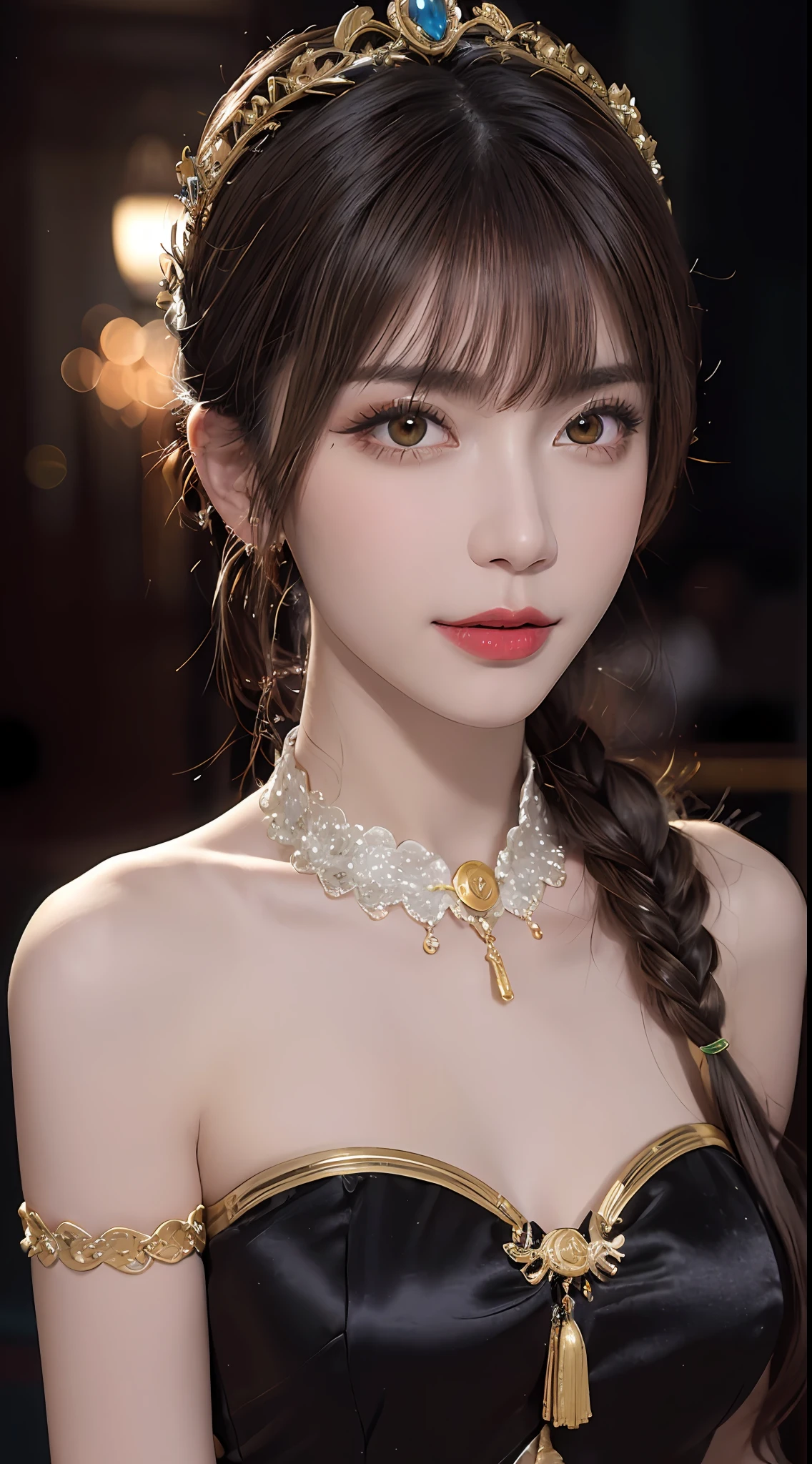 1 27-year-old girl, 1 zodiac goddess from the future, goddess of the pink and purple 12 zodiacs, the goddess of the zodiac in a yellow ao dai, a 12 zodiac ao dai with many black lace detail, mythology Goddess of the 12 zodiacs from the future, zodiac ♏, luxurious glittering zodiac style, dark and mysterious version, zodiac crown, lipstick lips red, thin and beautiful lips, Smile makes viewers fall in love, characters made by karol bak and pino daeni, intricate detail, detailed background, extremely detailed, light magic, a woman, clear face, look at the face of goddess zodialook at the zodiac goddess face, hair long with bangs, beautiful face in detail and well-proportioned eyes, (transparent yellow eyes: 1.8), big round eyes and very beautiful and detailed makeup, foresight, silk dress, mysterious makeup, double bangs and dyed light blonde, uper body, zodiac goddess uper body, arms hanging loosely, Realistic and vivid photo, (stars make up the zodiac: 1.7), (sky background zodiac and fictitious space and time portal: 1.8), fiction art, RAW photo, hanfu picture, best photo, best photo quality, 8k quality, 8k ultra, super realistic, real photo most economical, artistic portrait of goddess zodiac,