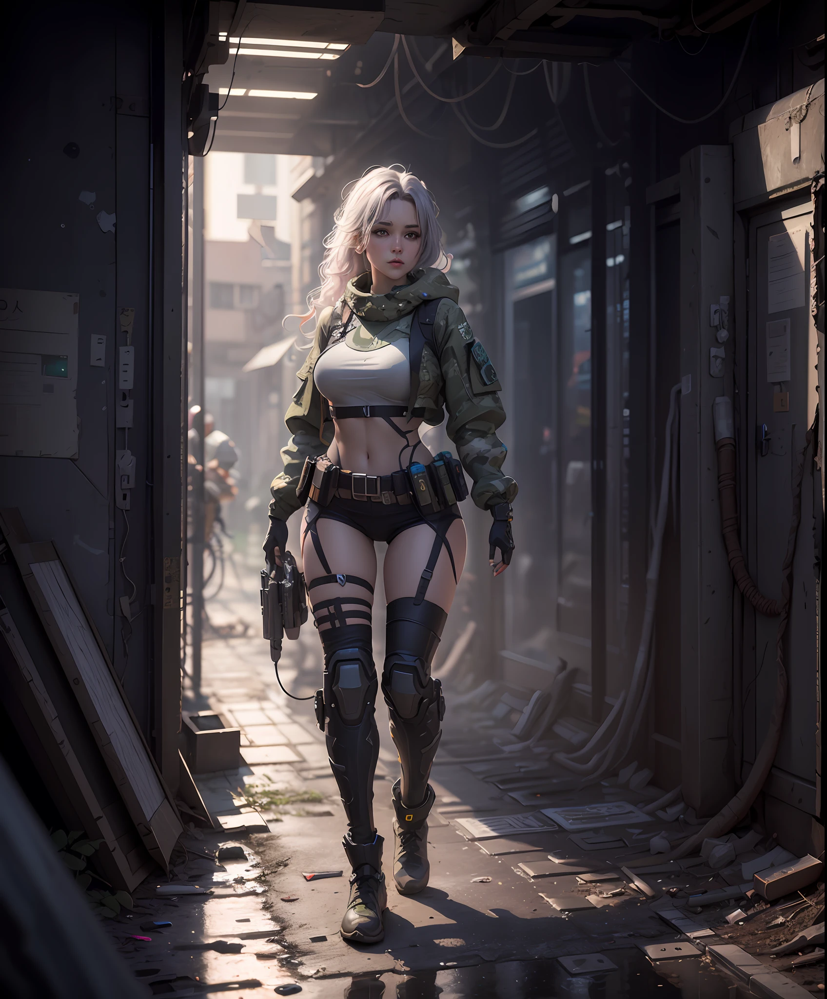 ((Best Quality)), ((Masterpiece)), (High Detail:1.3), 3D, machine gun in hand,beautiful (cyberpunk:1.2) special forces, robort, woman with thick voluminous hair in (in camouflage_uniform:1.1), bulletproof vest, raincoat, digital (camouflage: 1.3), HDR (High Dynamic Range), ray tracing, NVIDIA RTX, ultra-high resolution, Unreal 5, subsurface scattering, PBR texturing, post-processing, anisotropic filtering, depth of field, maximum clarity and sharpness, multi-layered textures, albedo and reflection maps, surface shading, accurate simulation of the interaction of light and material, ideal proportions, octane rendering, two-color lighting, wide aperture, low ISO, white balance, rule of thirds, 8K RAW, Effective subpixel, subpixel convolution,