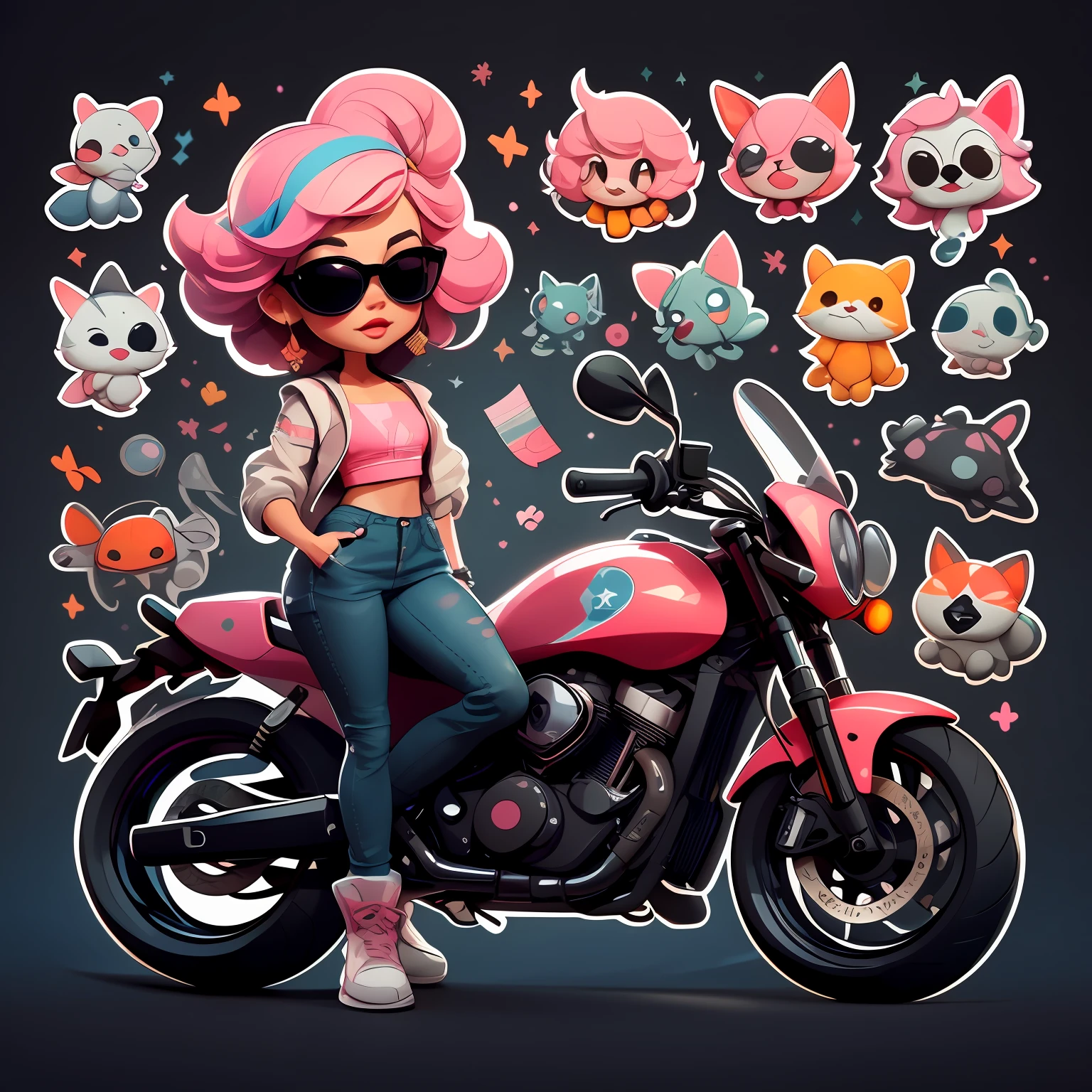 1 sticker, handbook, (sticker, a stylish girl, model, pink top, pick dye hair, sunglasses, motorcycle cool trend), black background, simple background, minimal, cute, tiny, pastel color, vector style, no gradient,