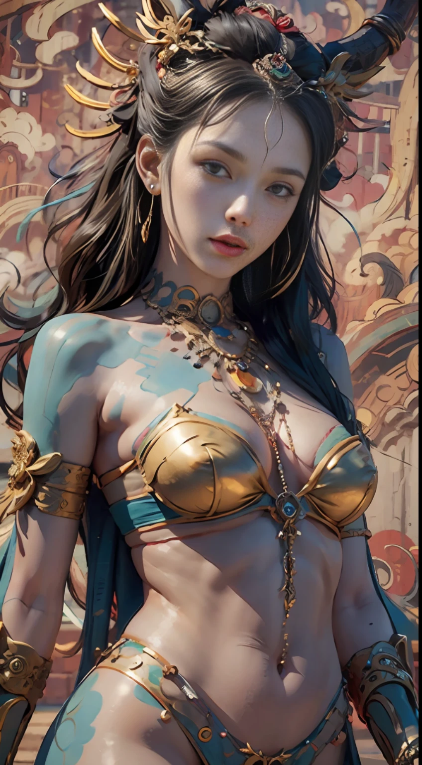 One Girl, There is a dragon behind him, Dunhuang style, Surrealism, Hyperrealism, Suprematism, Classicism, UHD, retina, masterpiece, ccurate, textured skin, anatomically correct, super detail, high details, high quality, 1080P, highres, best quality, award winning, 16k, 8k, 4K, HD