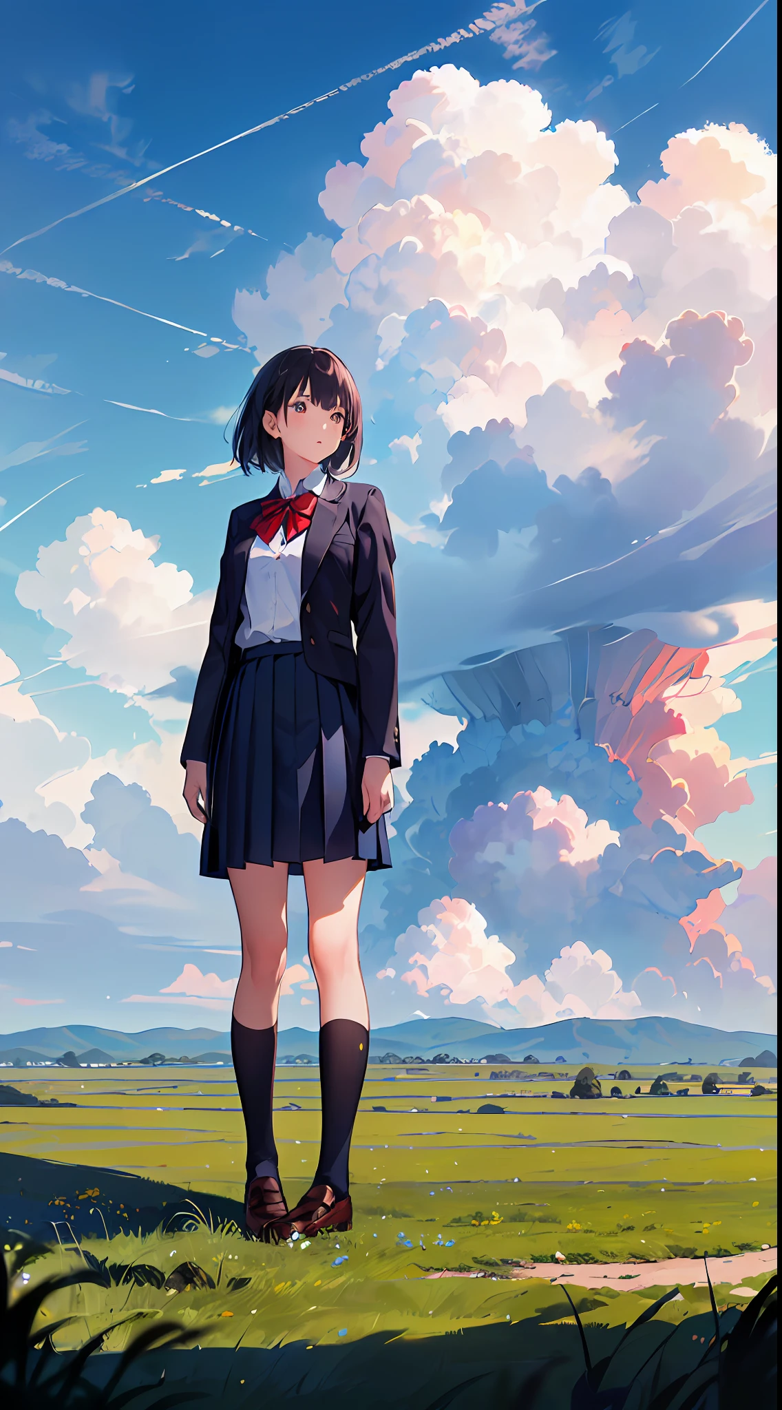 (1girl, tailored jacket, dark blue pleated skirt, school uniform), (full body, from bellow:1.2), absurdres, highres, ultra detailed, scenery, landscape, (wide shot:1.4), (grasslands, blue sky, cumulonimbus cloud:1.3), (soft focus, diffusion Filter), dreamy ambiance