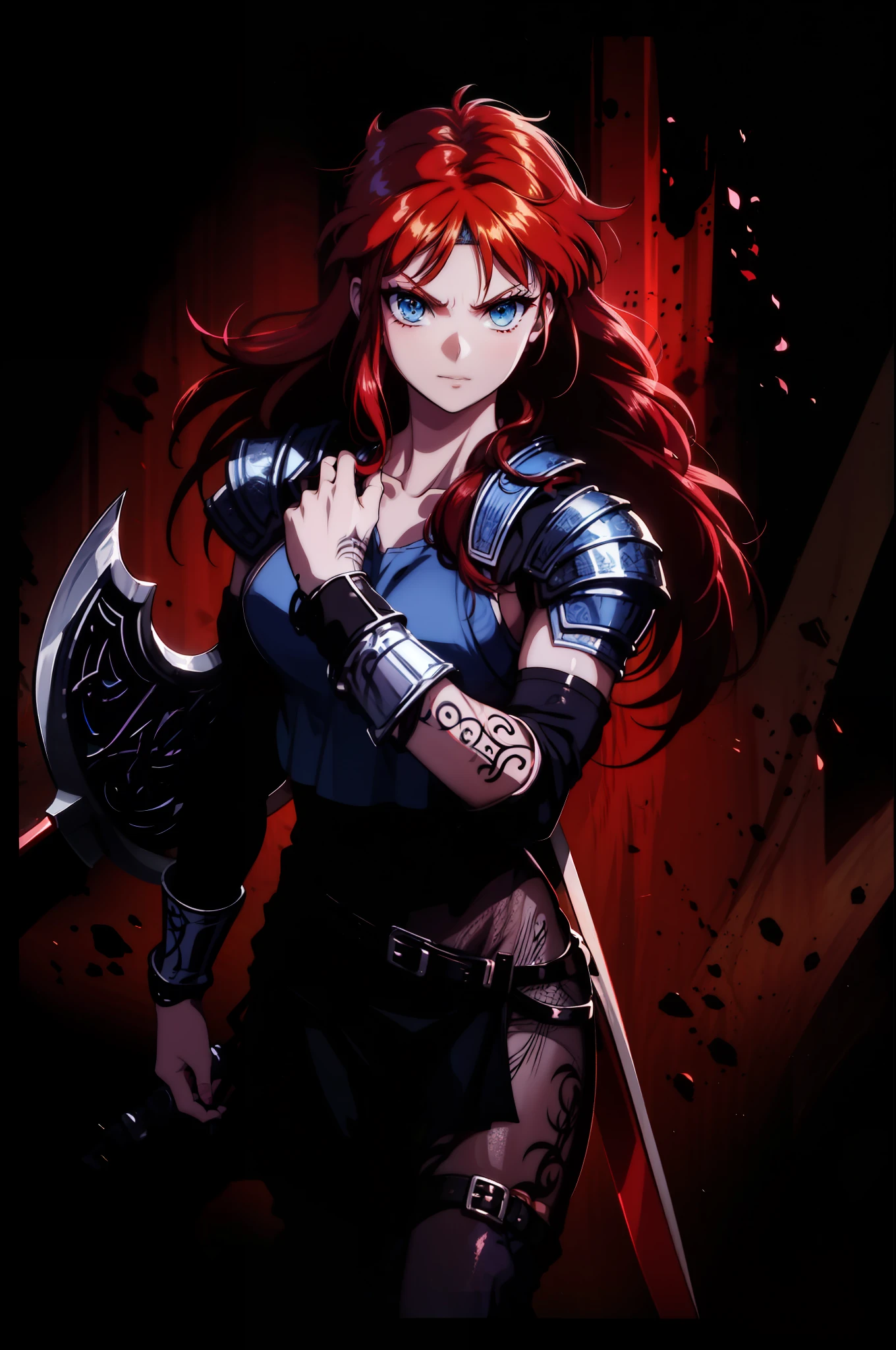 Boadicea, red-haired Viking warrior with Nordic armor and rune tattoos on her body and blooming blue eyes holding an axe, 4k