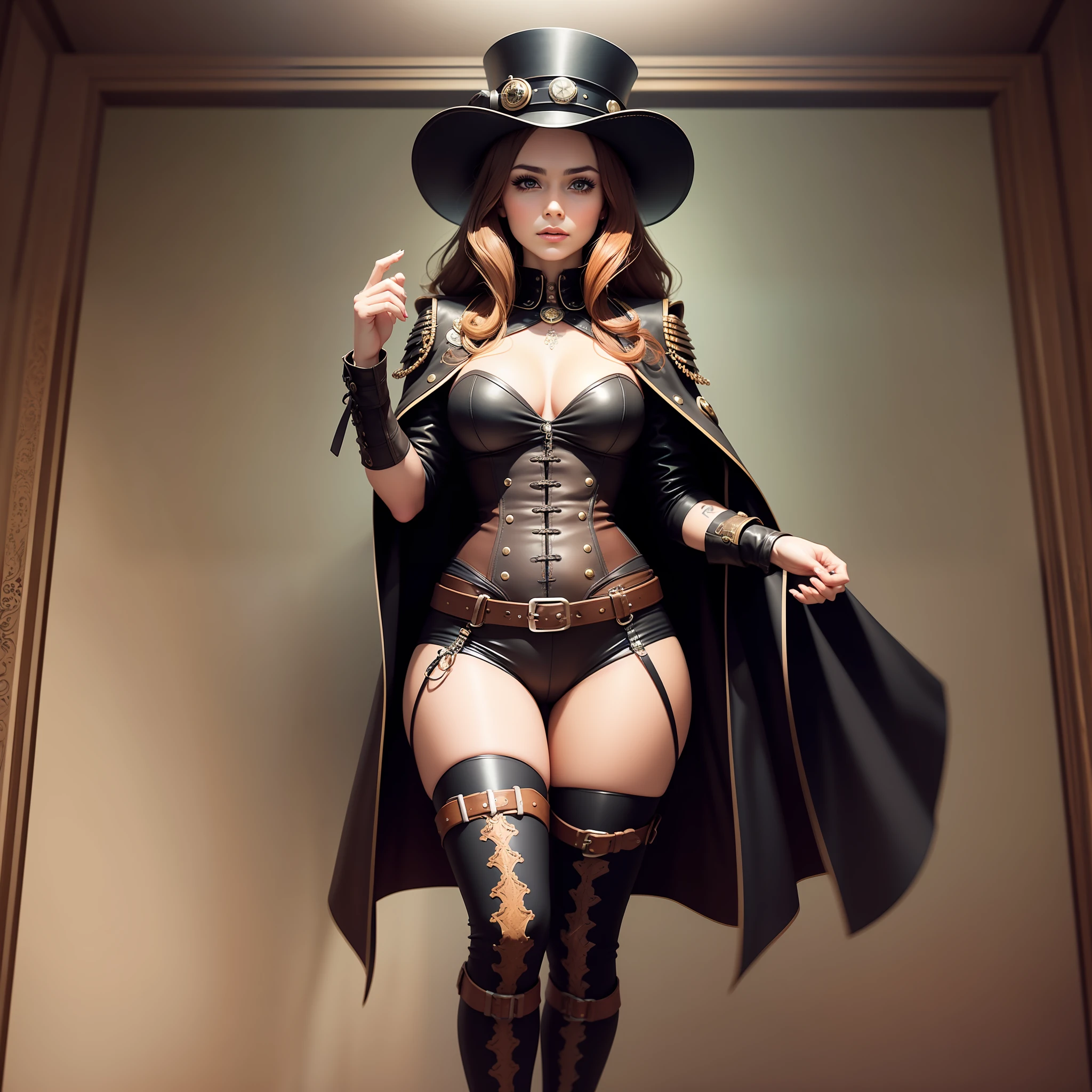 Standing, Full Body, (Intricate Details), 30 years old, Mature Beautiful Girl, Small, Full Body Tattoo, Perfect Face, Makeup: 1.5, Sharp Eyes, Light on Face, Facial Detail, Long Hair, Dark Brown Hair, Straight Hair, Steampunk, Leather Bustier, Leather Shorts, Top Hat, Black Cloak, Black Long Boots, um Home Action, Conceptual Art, Realism, Godley, Film Lighting, Multiview, Canon, UHD, High Detail, High Quality, HD, 16k