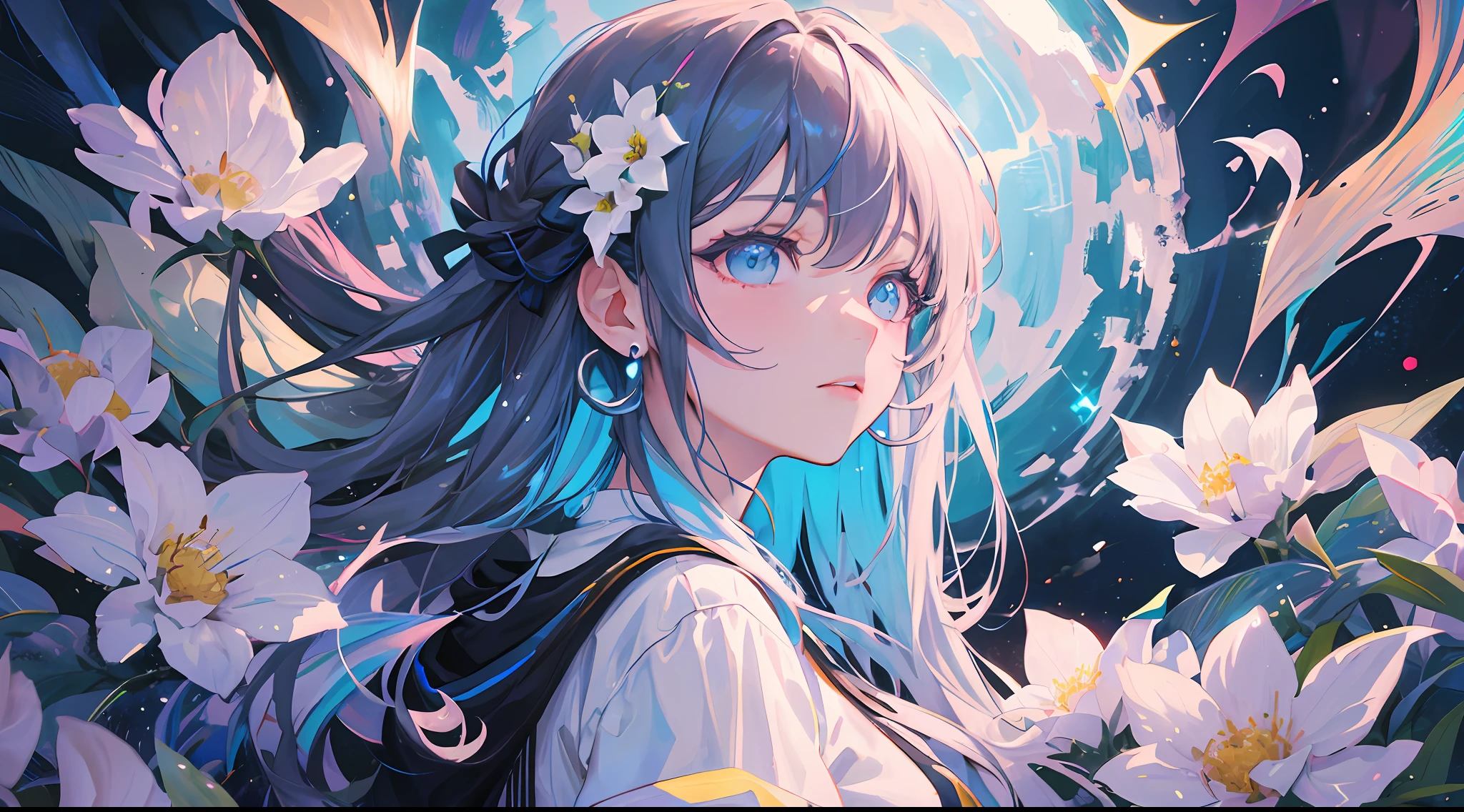 (Masterpiece), (Best Quality), (Super Detail), (disheveled hair), (Illustration), (1 girl), (Fashionable clothes), Standing, Fashion Model, Looking Back, (Interview), (Brief Background), Beautiful Detailed Eyes, Delicate Beautiful Face, Floating, (High Saturation), (Colorful Splash), Colorful Bubbles, (Shining), Focus on the Face, Akane Kurokawa, Gray Hair, Bangs, Hair rings, floating flowers, floating hair. girl, anime wife, looking far away, very detailed, reflective transparent iridescent color, long transparent iridescent RGB hair, art station art bee ssela fleur, thick acrylic, pixiv illustration, waist up portrait, gorgeous sacred girl, top quality, super detailed, sad, smart, beautiful face, beautiful Ryton black background, Character stvle rendered by Octane, background simple