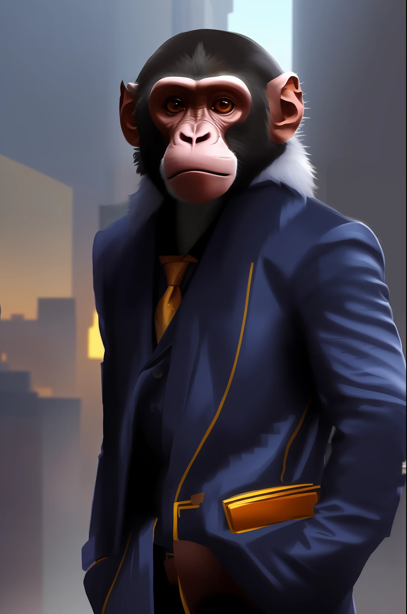 arafed monkey dressed in a suit and tie walking down a street, baboon wearing a suit and tie, in style of kar wai wong, humanoid monkey fantasy race, bored ape nft, subject= chimp, inspired by Alex Petruk APe, fox as a monkey, by Tadashi Nakayama, ape, monkey, digital art animal photo