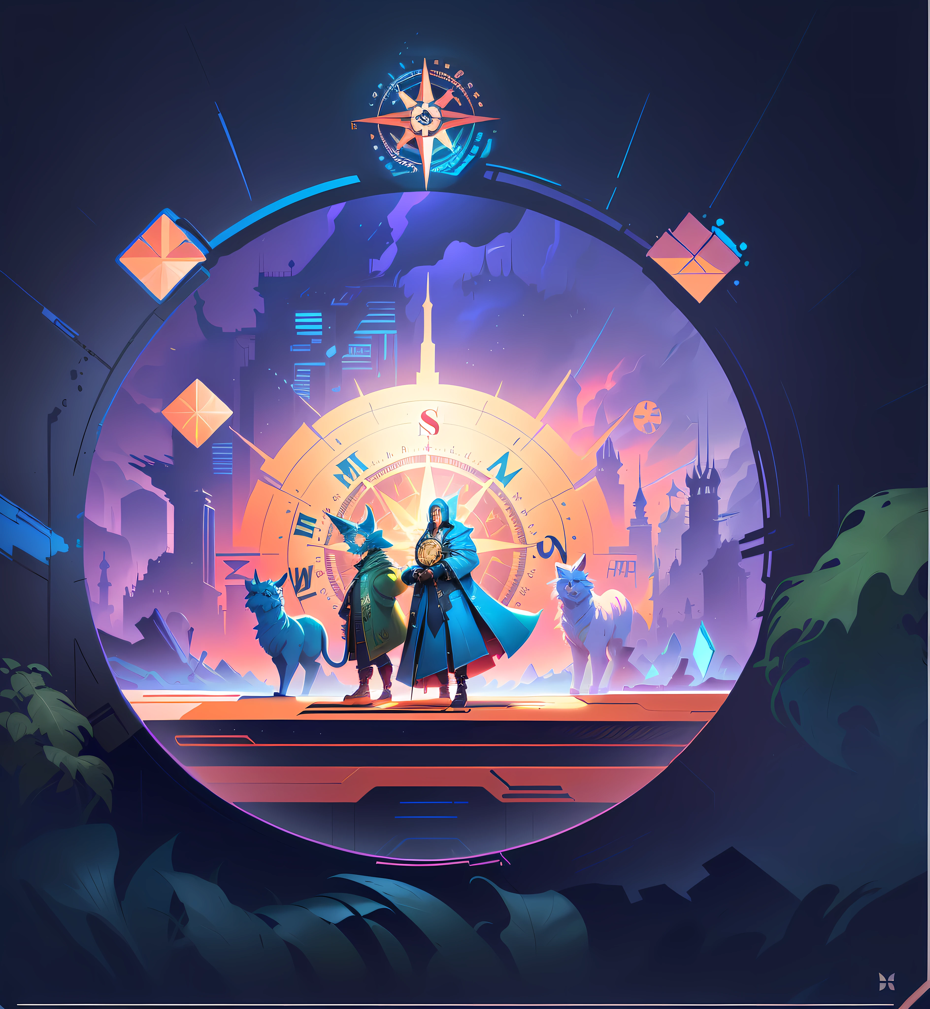 A complete compass, very coherent stylized artwork, gorgeous border + concept art, Jen Bartel, independent craft aesthetics, card art, beeple everyday art, concept illustration, James Gilead artwork, background art, concept illustration, game illustration, symmetry!! Conceptual art in the Bipple style