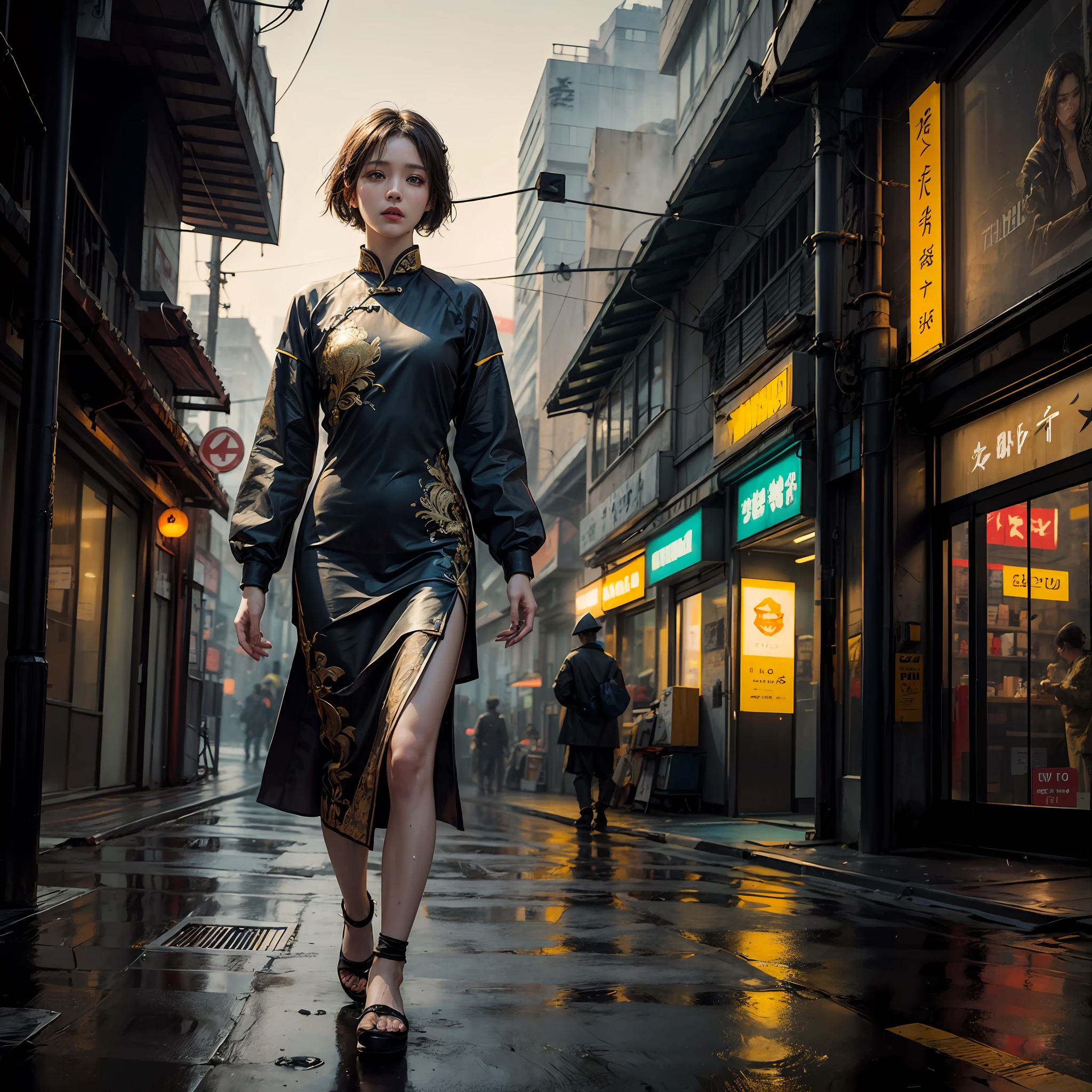 Aodai vietnam, street, cyberpunk, epic realistic, photo, faded, complex stuff around, intricate background, soaking wet, yellow colors, ((((hdr)))), ((((muted colors)))), intricate scene, artstation, intricate details, vignette