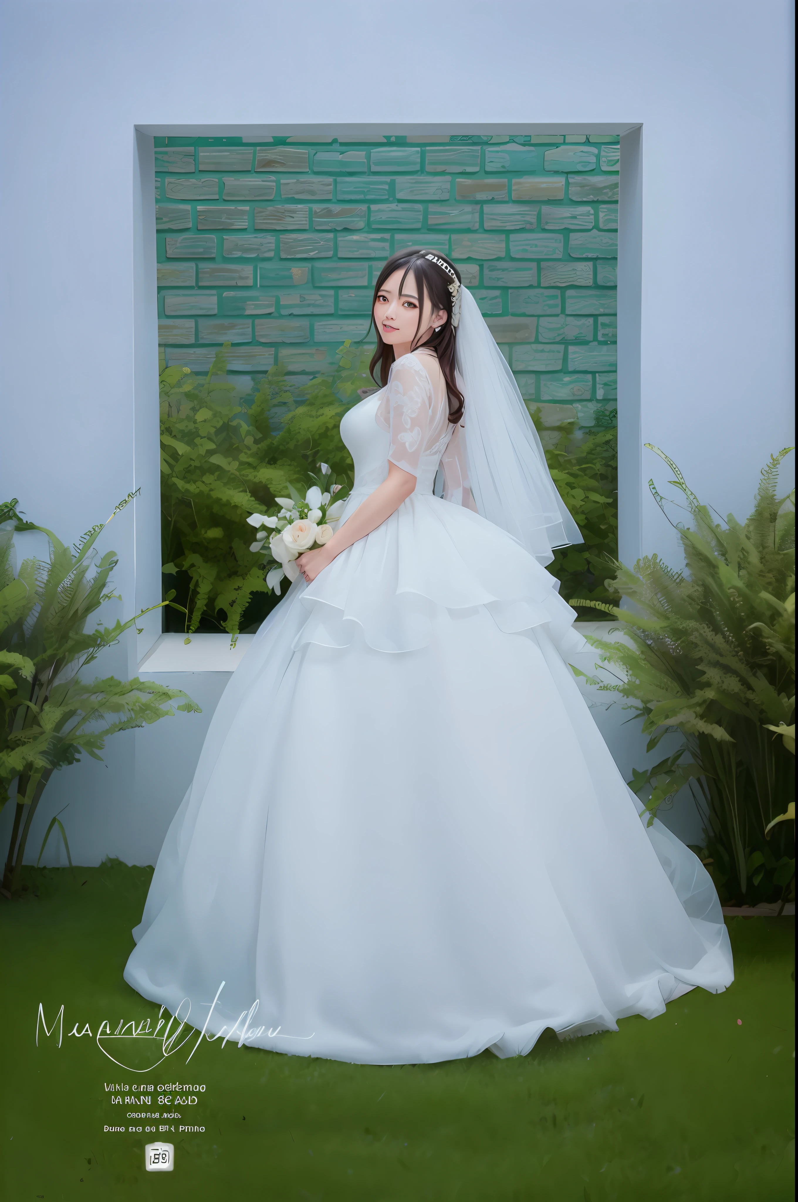 bride in white wedding dress standing in front of a brick wall, ao dai, in style of lam manh, wedding dress, white gown, 🤬 🤮 💕 🎀, veil, shot with canon eoa 6 d mark ii, dang my linh, bride, dressed beautiful gown, taken with canon 8 0 d, shot on nikon z9, gown